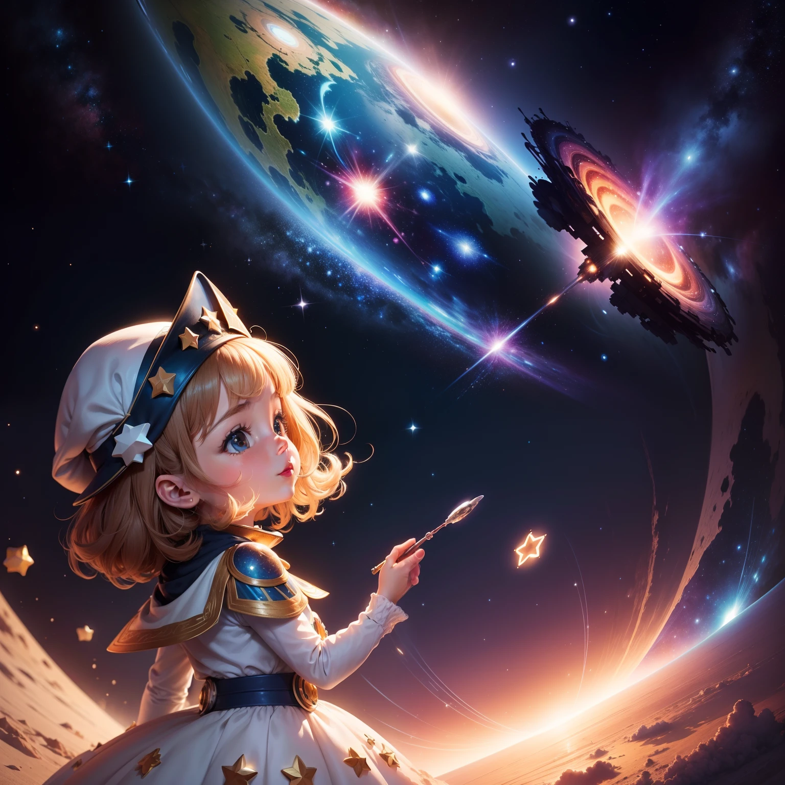 galaxias, foguete, planetas, stars illustration for children, cute illustration, alma aconchegante, arte digital detalhada e fofa, creation of the universe