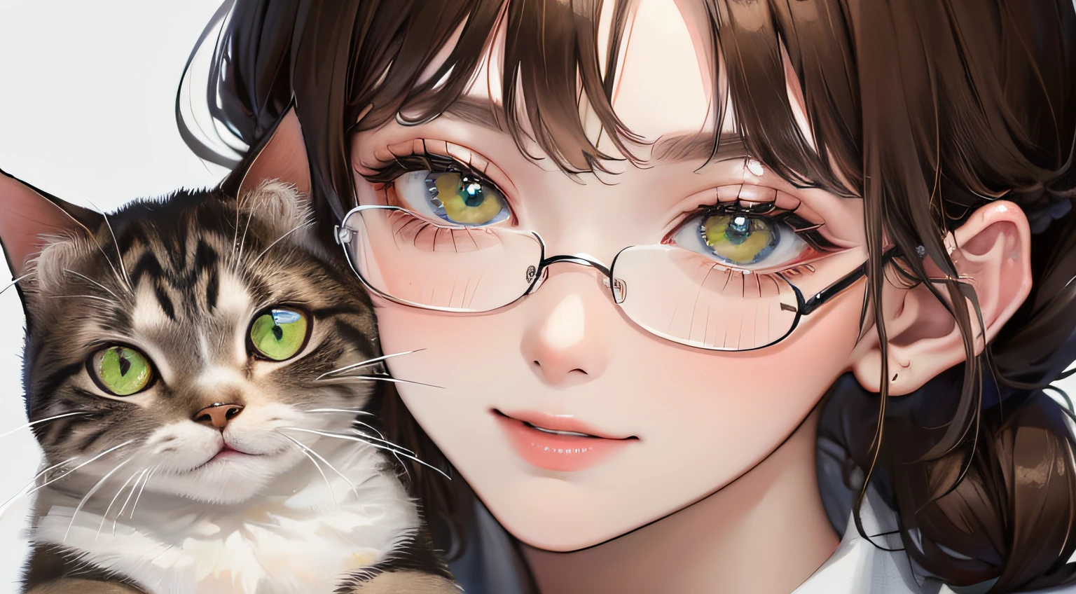 (((1人の女性)))、(Top resolution、Distinct_image) best qualtiy、(((holding cat)))、((sideways Facing))、​masterpiece、ighly detailed、Semi-realistic、Brown hair、eye glass、Braided hairstyle、A smile、bangss、21 years old、Mature、年轻、White blouse、Green background、delicated facial features、Facial features、mid-shot、