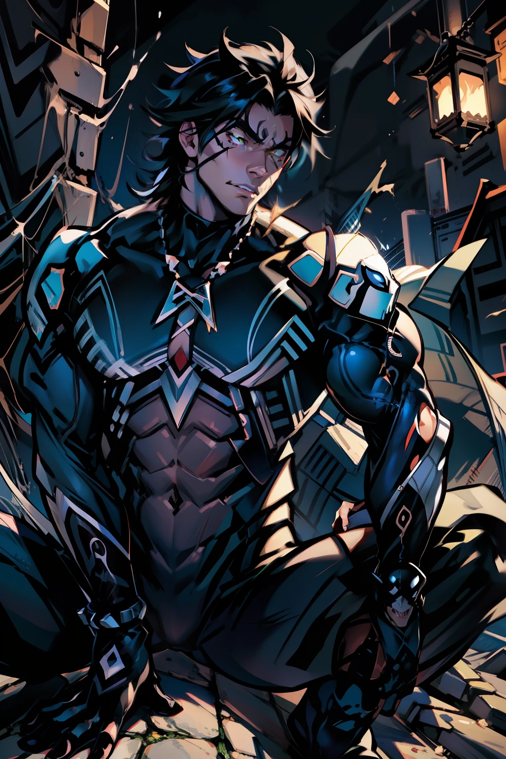 《the original god》Arataki Kazuto , male people, chest muscle, Sexy , Venom symbiote for your body, Black mucus of the body , into venom, venomize,Black bodysuit,(Cloak),Red cape,Abs,(Adult male)((Venom possession,venom symbiote)),over-Tortoise Man,Battle damage,((Masterpiece)), ((Best quality)), Ultra detailed,((illustration)), Dynamic Angle, Detailed light, (Delicate eyes), Floating, 1boy, Male focus, Head, Clothing, Yellow eyes, necklace, tattoo, (Forehead:0.8), (ahoge:0.8), jewelry, brunette color hair,apathy,Ray, chest muscle, Sexy , Venom symbiote for your body, Black mucus of the body , (into venom), Venom,frontage,Bust photo,White tight-fitting top,spiderman outfit,style of anime4 K, 4K anime wallpaper, Badass anime 8 K, 4 k comic wallpaper, young anime man, Anime boys, Anime wallpapers 4 k, Anime wallpaper 4K, High quality anime art style, Anime moe art style, Anime art wallpaper 8 K, Anime art wallpaper 4 K, RGB lighting,