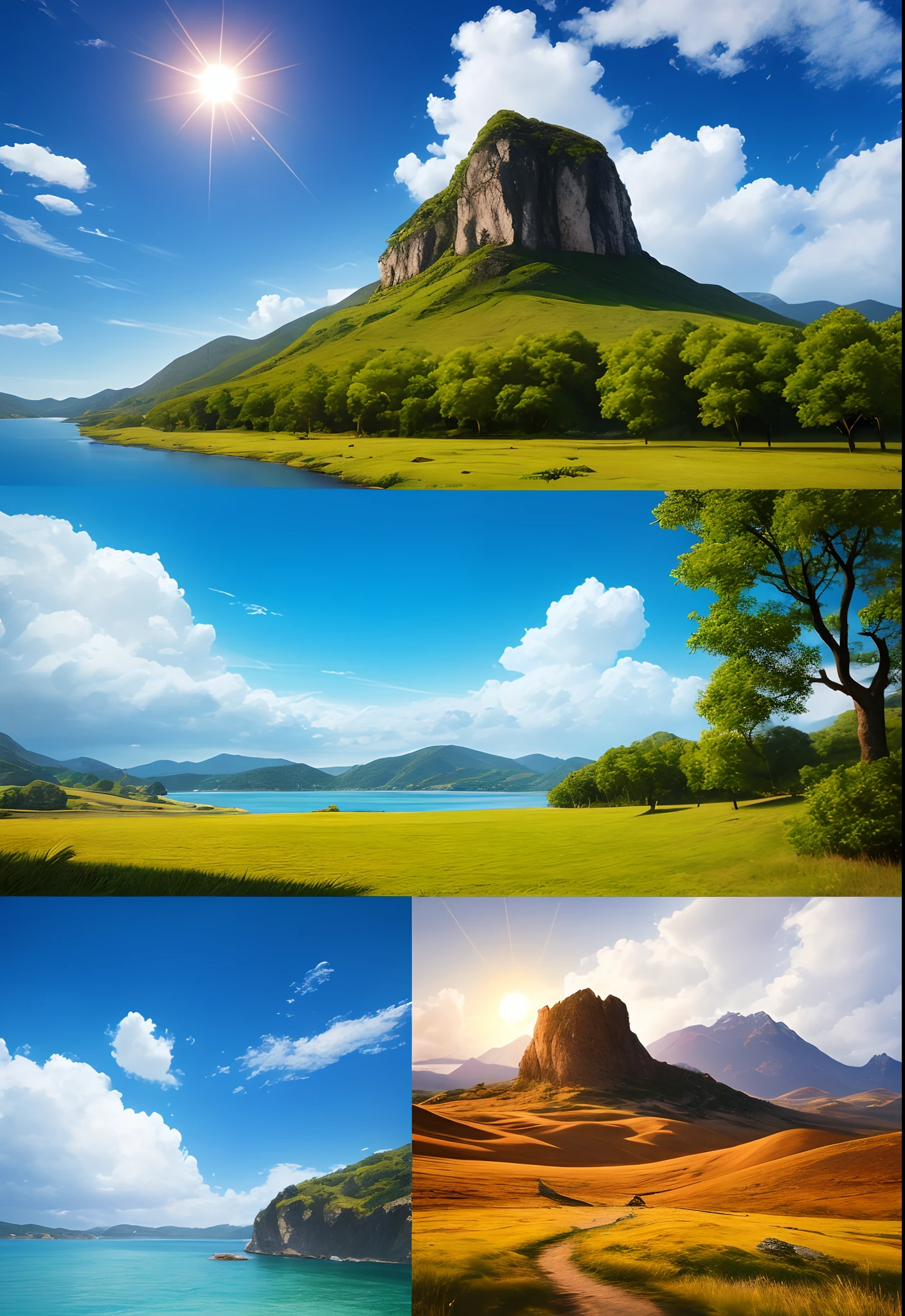 A beautiful landscape with 8k graphics of a magnificent blue sky with a comfortable breeze and a sun shining like never before all with maximum resolution