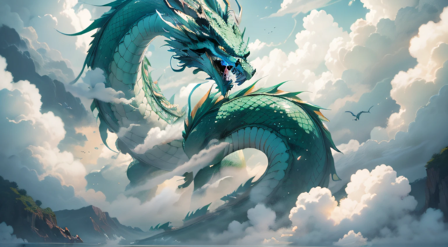 1 green Chinese dragon hovering in the clouds，Open mouth，dentes pontiagudos，Shining horns，The scales are clearly visible，Long body，4 paws，Below the clouds is the sea