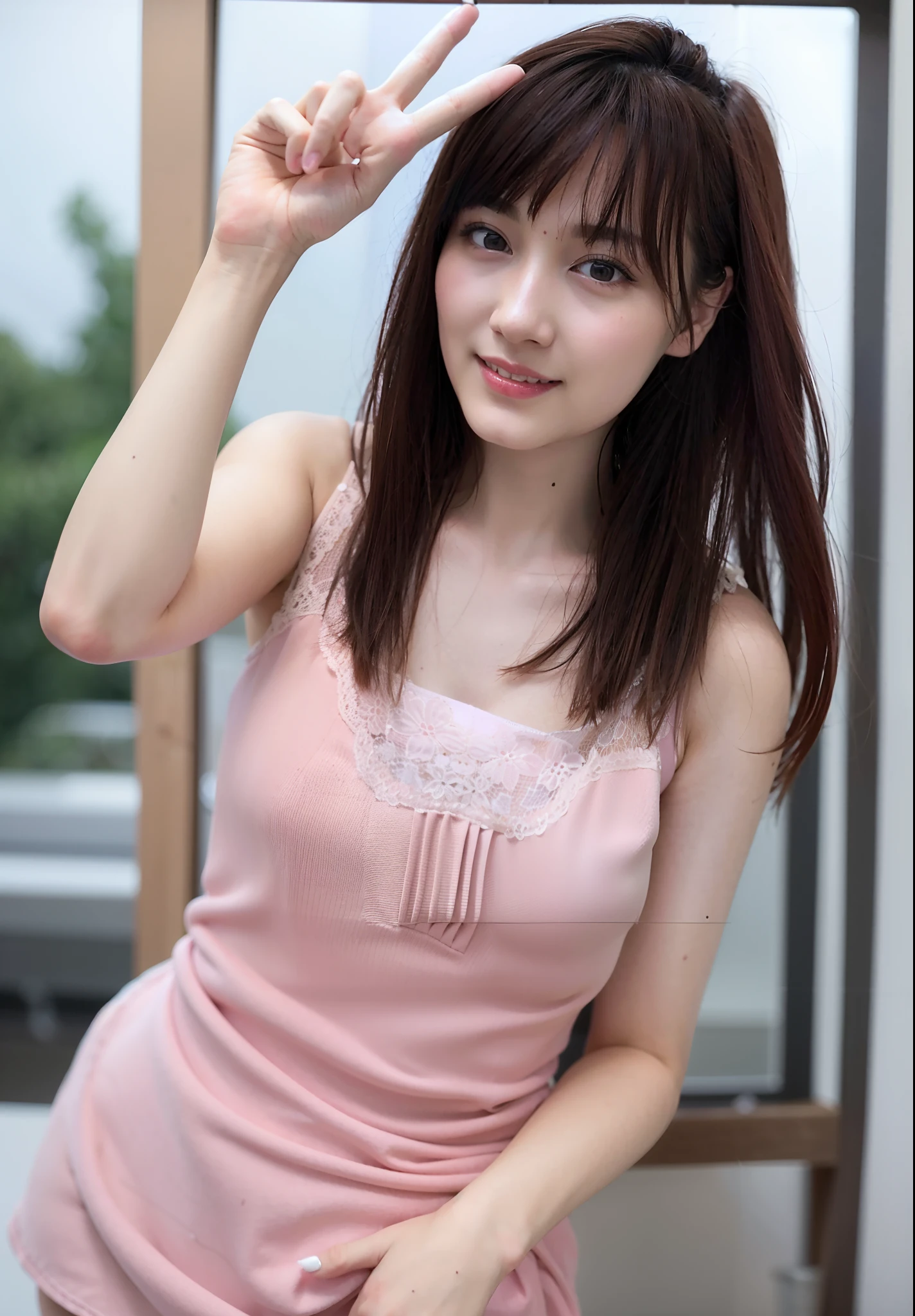 Alafed asian woman with long brown hair and pink top, 奈良美智, girl cute-fine-face, lovely delicate face, chiho, deayami kojima, cute - fine - face, beautiful image, sakimichan, young cute wan asian face