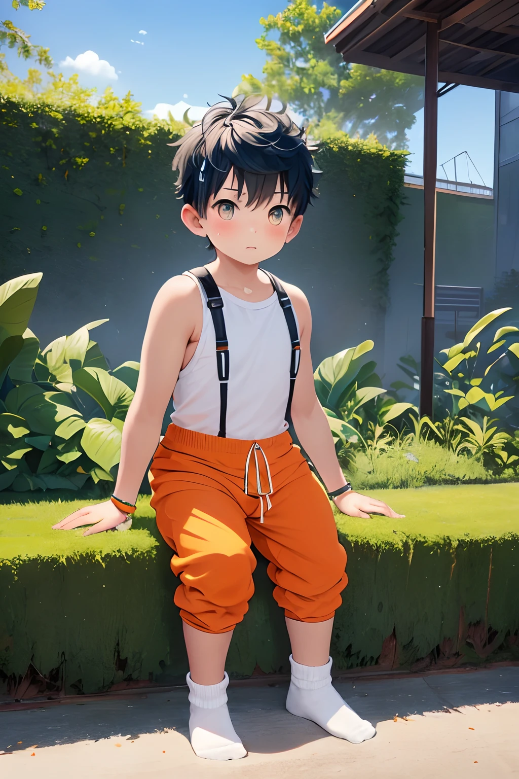 chubby ********** with blue hair and shiny orange eyes and socks wearing a colorful full body jumpsuit sitting on a bench in a park, young, boy, child, small, toddler, (child:1.4), (boy:1.4), (shota:1.4), (sweatpants:1.4), (jumpsuit:1.6), (socks:1.5),