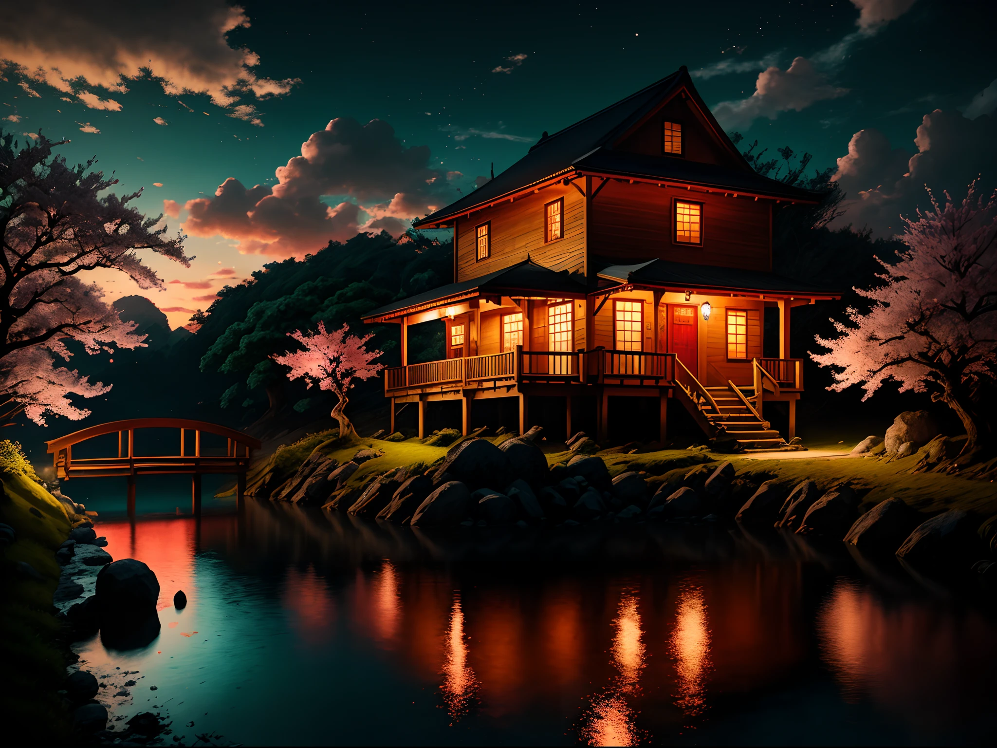 tmasterpiece，offcial art，Cinematic lighting, Depth of field, rendering by octane，hyper HD, Super detail, High details,Dusk, Colorful clouds,Peach blossom tree, wood bridges,tree house,Wooden house, flowingwater，foreground，farewell，RAW photos，Art Photography Award，cameras，F1.6，shot of，No Man：1.6,Light