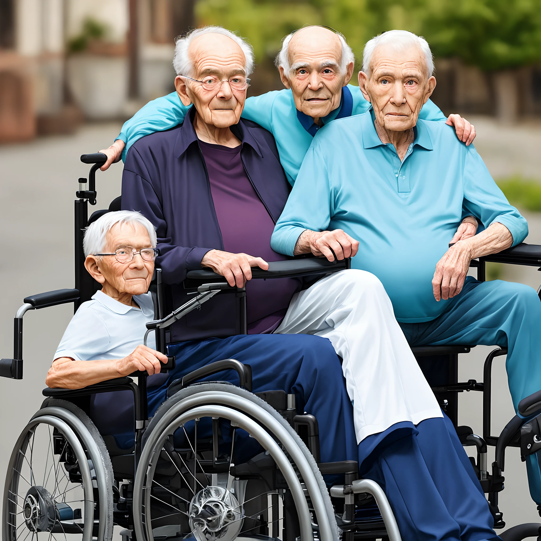 The elderly man is in a wheelchair,Background with,Son,photorealestic