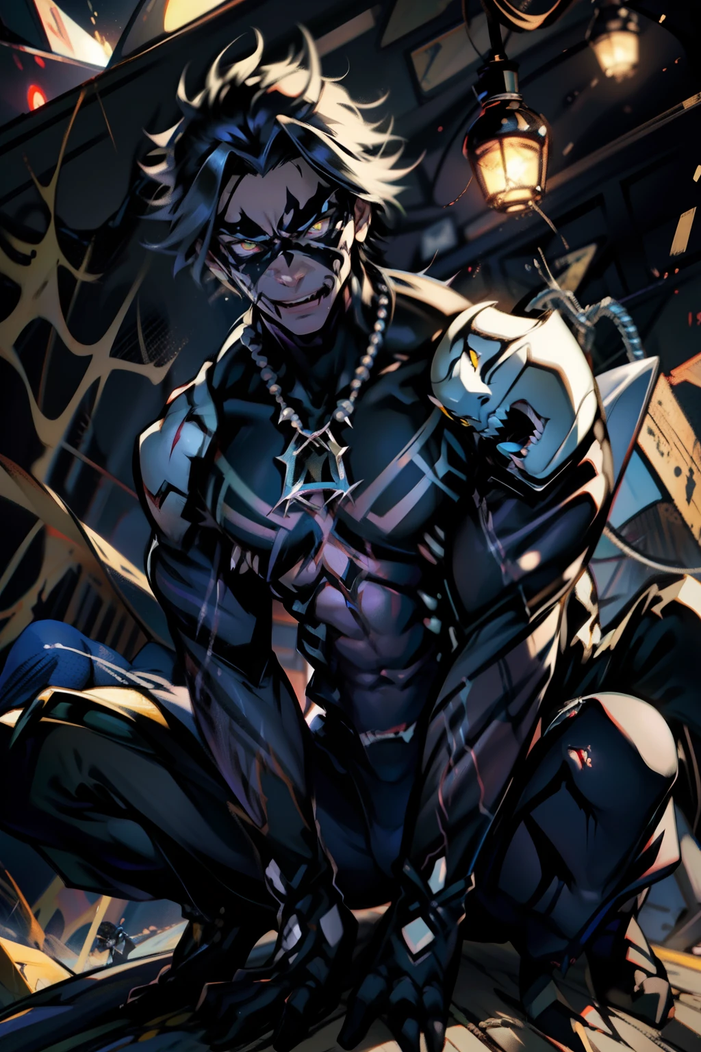 《the original god》Arataki Kazuto , male people, chest muscle, Sexy , Venom symbiote for your body, Black mucus of the body , into venom, venomize,Black bodysuit,(Cloak),Red cape,Abs,(Adult male)((Venom possession,venom symbiote)),over-Tortoise Man,Battle damage,((Masterpiece)), ((Best quality)), Ultra detailed,((illustration)), Dynamic Angle, Detailed light, (Delicate eyes), Floating, 1boy, Male focus, Head, Clothing, Yellow eyes, necklace, tattoo, (Forehead:0.8), (ahoge:0.8), jewelry, brunette color hair,apathy,Ray, chest muscle, Sexy , Venom symbiote for your body, Black mucus of the body , (into venom), Venom,frontage,Bust photo,White tight-fitting top,spiderman outfit,style of anime4 K, 4K anime wallpaper, Badass anime 8 K, 4 k comic wallpaper, young anime man, Anime boys, Anime wallpapers 4 k, Anime wallpaper 4K, High quality anime art style, Anime moe art style, Anime art wallpaper 8 K, Anime art wallpaper 4 K, RGB lighting,