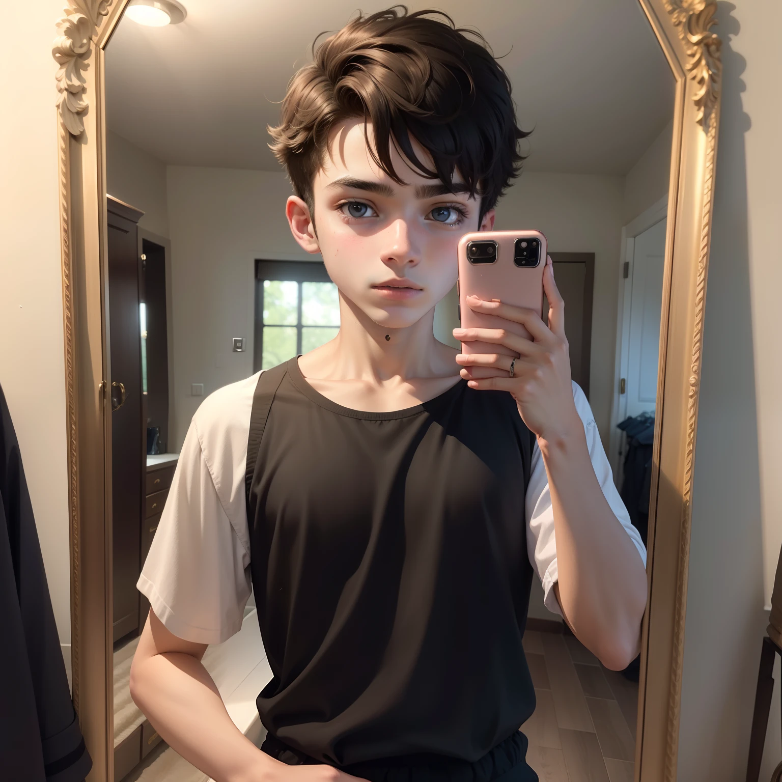 A 16 year old boy taking mirror selfie , realistic face, 8k