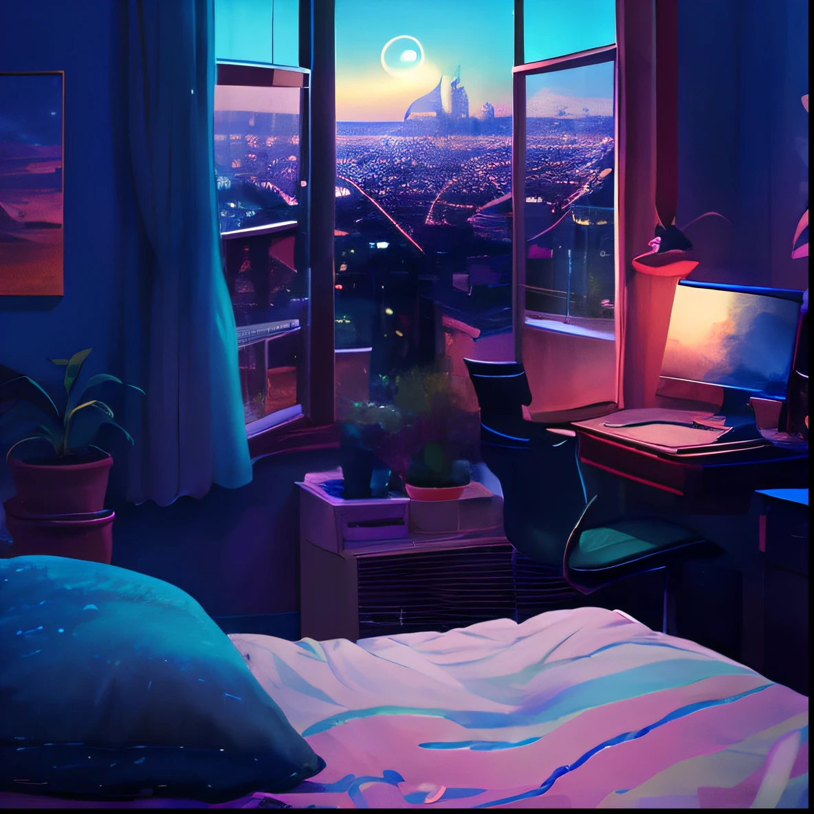 dreamlikeart, masterpiece, best quality, playlist album, vibing, escape from reality, dreamy, midnight vibes, lofi art, digital art, mellow, day dreaming, slow vibes, cityscapes, midnight bedroom, lo-fi art, midnight lo-fi