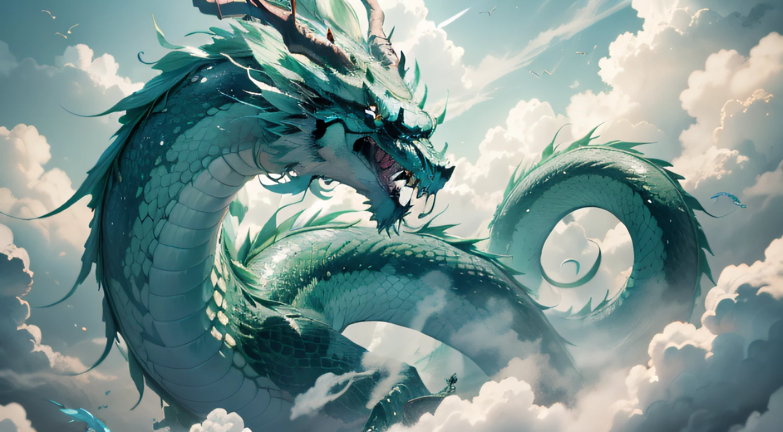 1 green Chinese dragon hovering in the clouds，Open mouth，dentes pontiagudos，Shining horns，The scales are clearly visible，Long body，Stout limbs，Below the clouds is the sea