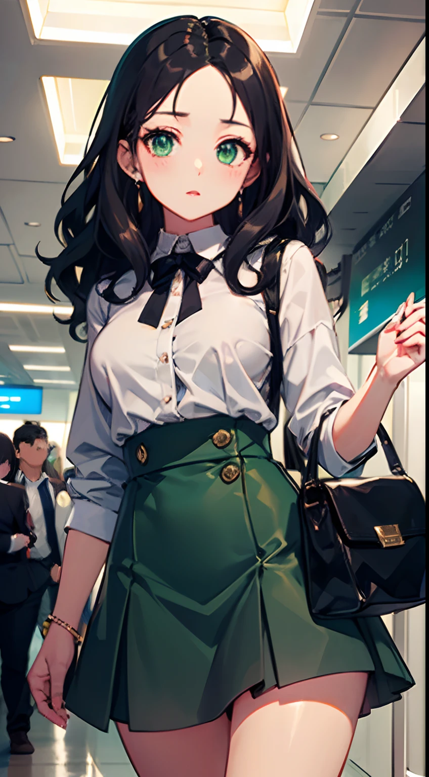 ((Best Quality)), (Ultra-detailed), ((Extremely detailed)), (Beautiful), ((Kawaii Girl)),Medium Hair,Forehead,Dark blue hair,(Wavy Hair),Green eyes,smock blouse,Mini skirt,regular breasts,Airport lobby,One Woman