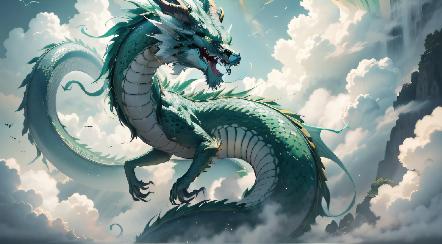 1 green Chinese dragon hovering in the clouds,Open mouth,dentes pontiagudos,Shining horns,The scales are clearly visible,Long body,4 paws,Below the clouds is the sea