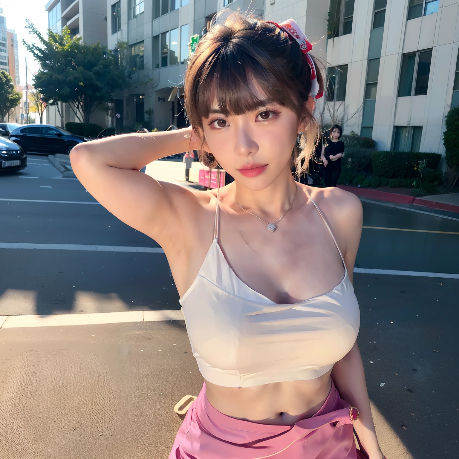 (8K, RAW photo, Best quality, Masterpiece:1.2), (Realistic, photo-realistic:1.37), Best quality, 超高分辨率, nfsw back lights, light  leaks, Dynamic lighting, Slim, Smooth skin,  (PureErosFace_V1:1), Bond, navel, Kpop idol, (Beautiful detailed eyes:1),(Beautiful detailed face:1),(freebuffing:1.2), Outdoors, Ulzzang-6500, 1girll, standing, Upper body, (:1.2), ,  from the front side, Front view,  view the viewer, Huge breasts, arms back behind, street, Sunlight,
