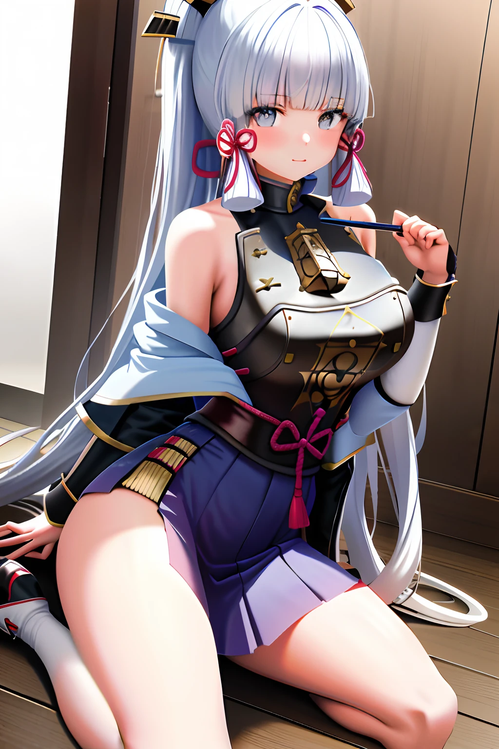 tmasterpiece,A high resolution,best qualtiy,1girl solo,Kamisato_Ayaka,Kneeling,cropped shoulders,Bare breasts,bare butts,Leaking out of the thighs,Yogurt on the thigh,The face is red,roll eyes,Lift the skirt with one hand,One hand pressed on the breast