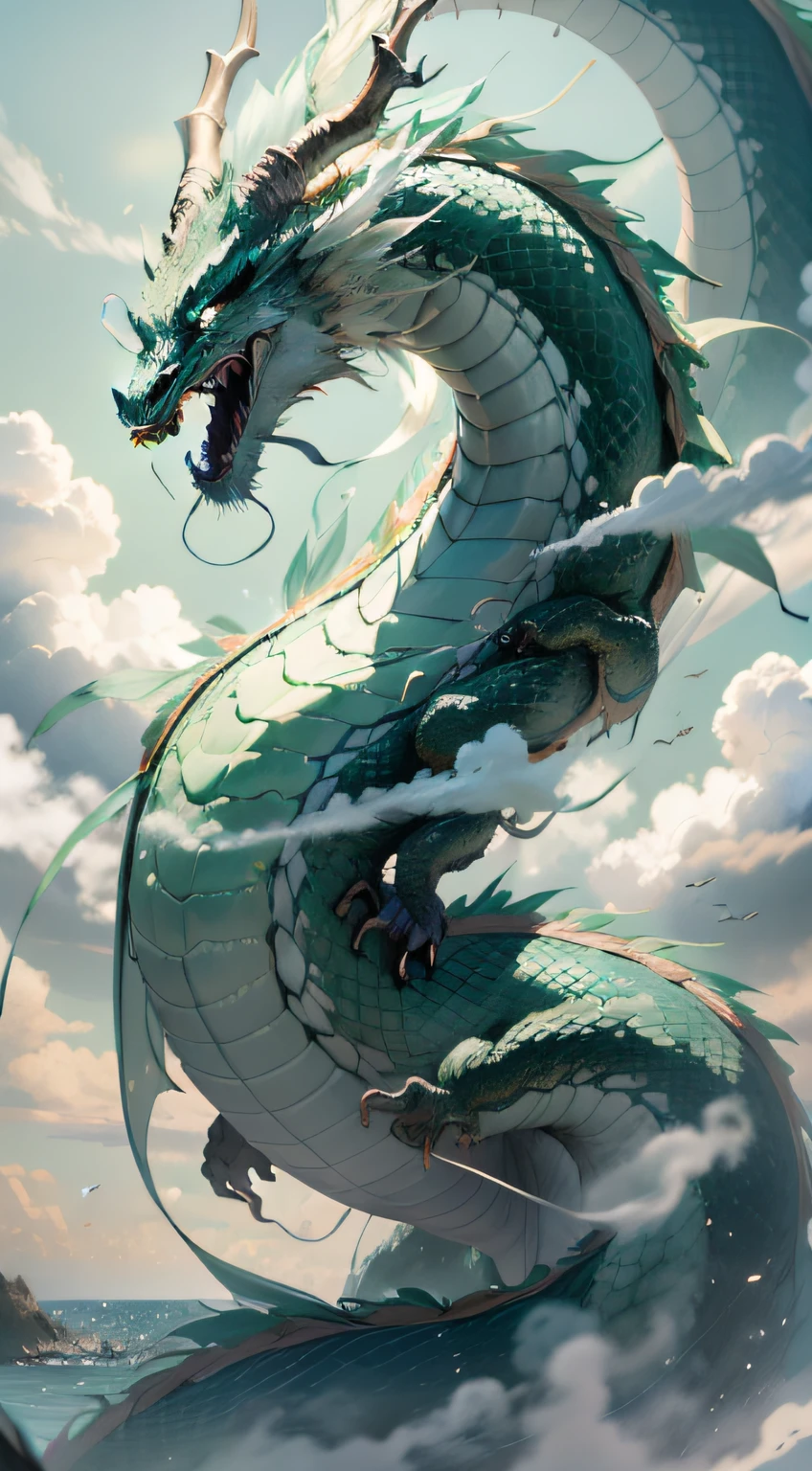 A green Chinese dragon，Clouds，Open mouth，dentes pontiagudos，Shining horns，The scales are clearly visible，Hovering，the sea