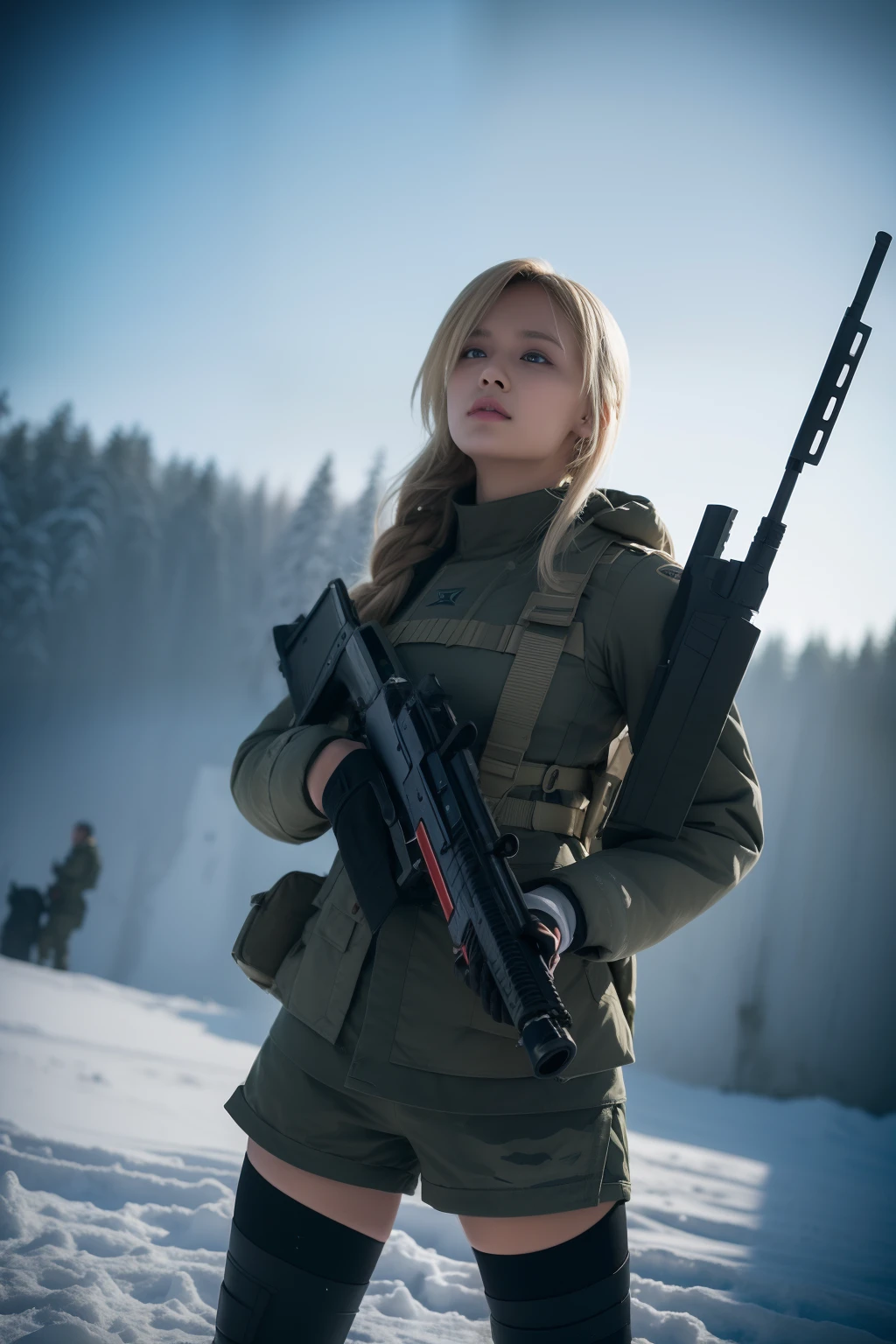 ((Masterpiece:1.2, Best quality)),Movie,offcial art,promotional art,movie wallpapers,（A blonde girl is in （（White combat uniform））, （White clothes and shorts）, Exposing thighs, Shooting at a low angle with a gun in the snow, Participate in winter battles. Captured in cinematic style, The scene included several female soldiers armed with rifles on the front line. The images were taken in an otherworldly fantasy world. The color temperature is cool，Slightly bluish tint, Convey a feeling of indifference and tension. The lighting is dramatic，There are harsh shadows and highlights, Highlight the woman's fierce expression. Shot with Sony A7R IV camera，The aperture is f/2.8, ISO 1600, a shutter speed of 1/200th of a second. UHD dtm HDR 8k.white theme，Suit cropped slip skirt