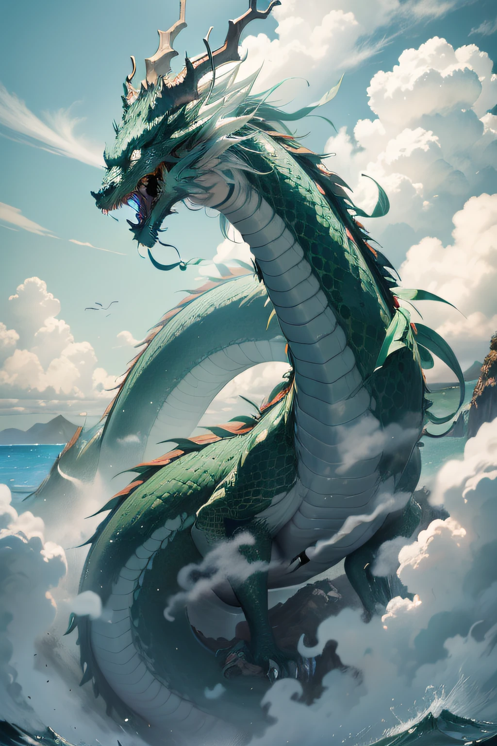 A green Chinese dragon，Clouds，Open mouth，dentes pontiagudos，Shining horns，Hovering，the sea