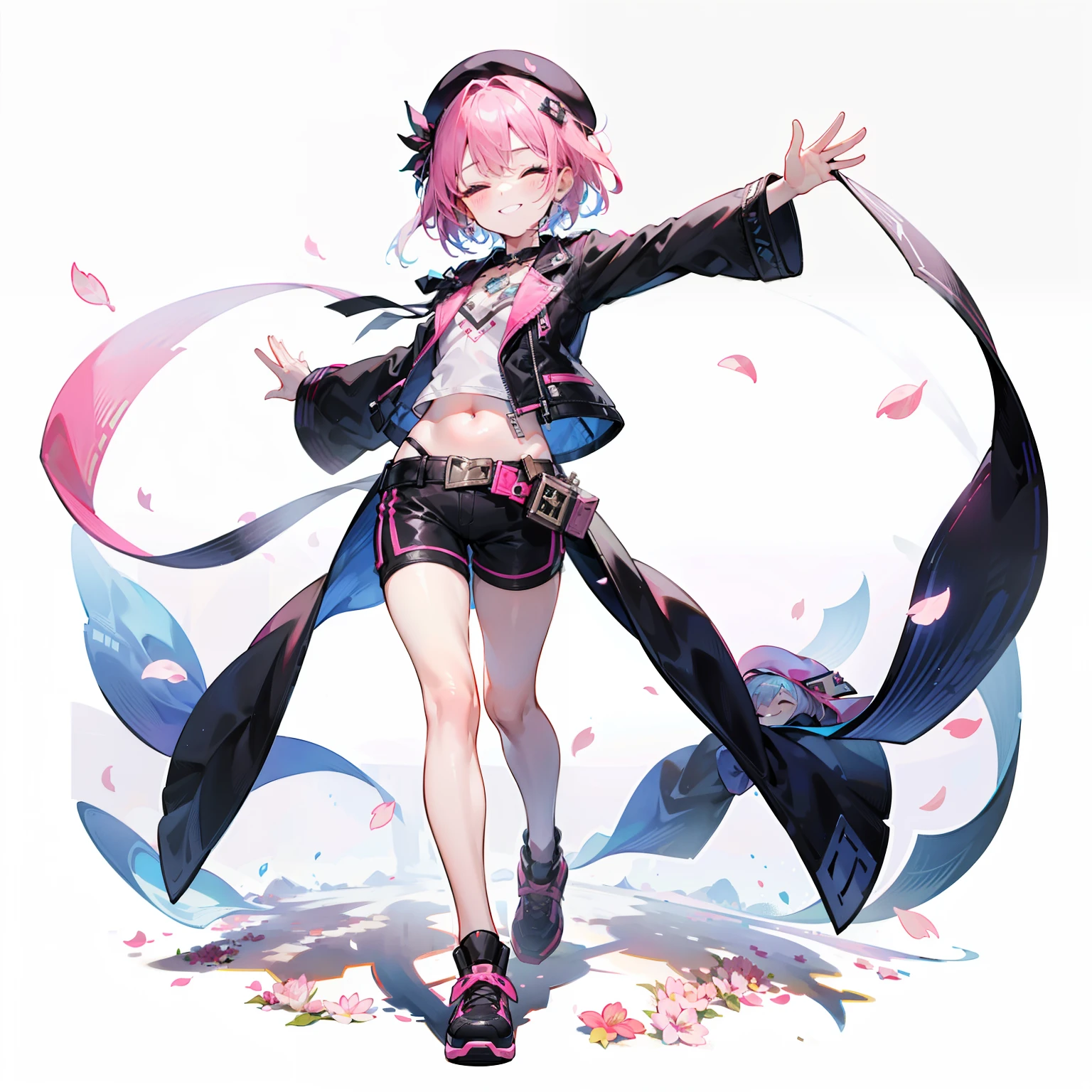 1girll，独奏，[[[full bodyesbian]]]，standing on your feet，（pink short hair），(Heads-up)，（beret），（Pink and black punk jacket） ，（（Short hot pants）），ssmile，Waving，((Squint and smile))，Fluttering petals，[White background 1：：5]，flatchest，Toddler body type，Short height,Small size for children，Raise your arms high