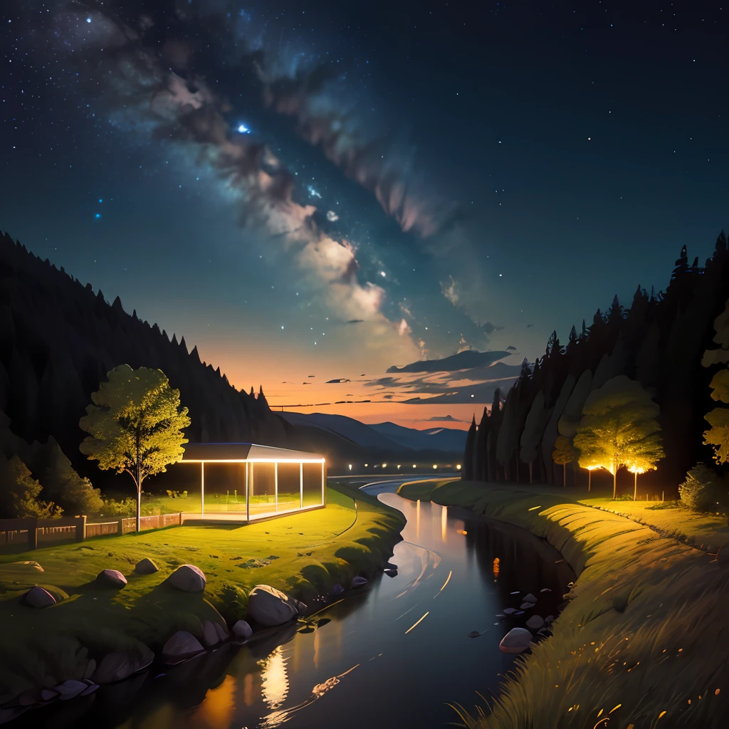 Starry sky, counting, grass, river, nightfall