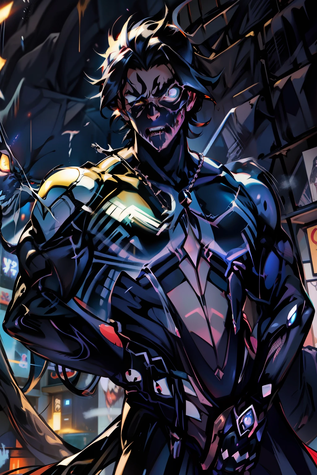 《the original god》Arataki Kazuto , male people， chest muscle， Sexy , Venom symbiote for your body, Black mucus of the body , into venom, venomize，Black bodysuit，（Cloak），Red cape，Abs，（Adult male）（（Venom possession，venom symbiote）），over-Tortoise Man，Battle damage，((Masterpiece)), ((Best quality)), Ultra detailed,((illustration)), Dynamic Angle, Detailed light, (Delicate eyes), Floating, 1boy, Male focus, Head, Clothing, Yellow eyes, necklace, tattoo, (Forehead:0.8), (ahoge:0.8), jewelry, brunette color hair,apathy，Ray， chest muscle， Sexy , Venom symbiote for your body, Black mucus of the body , （into venom）, Venom，frontage，Bust photo，White tight-fitting top，spiderman outfit，style of anime4 K， 4K anime wallpaper， Badass anime 8 K， 4 k comic wallpaper， young anime man， Anime boys， Anime wallpapers 4 k， Anime wallpaper 4K， High quality anime art style， Anime moe art style， Anime art wallpaper 8 K， Anime art wallpaper 4 K， RGB lighting，