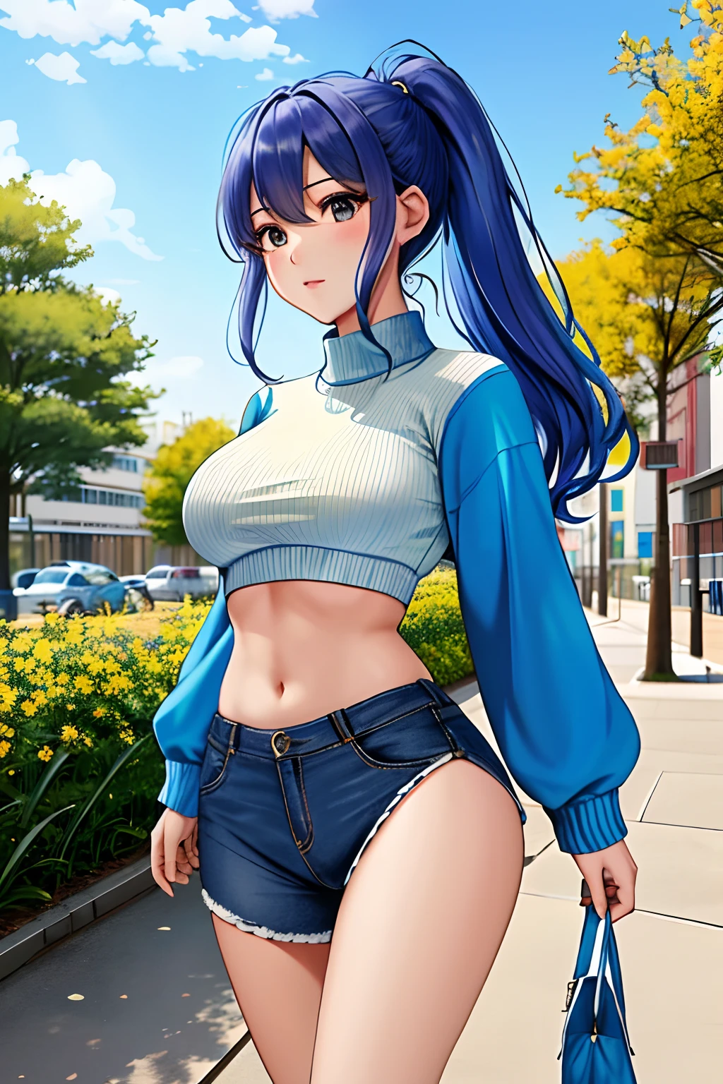 pedestrian walkway， 城市， blue-sky， from below， under boobs， woman， cropped-fc，，， BTPT-FC， Cropped sweater， gnome， Sweaters， 1girll， 详细的脸， illustratio，whiskey