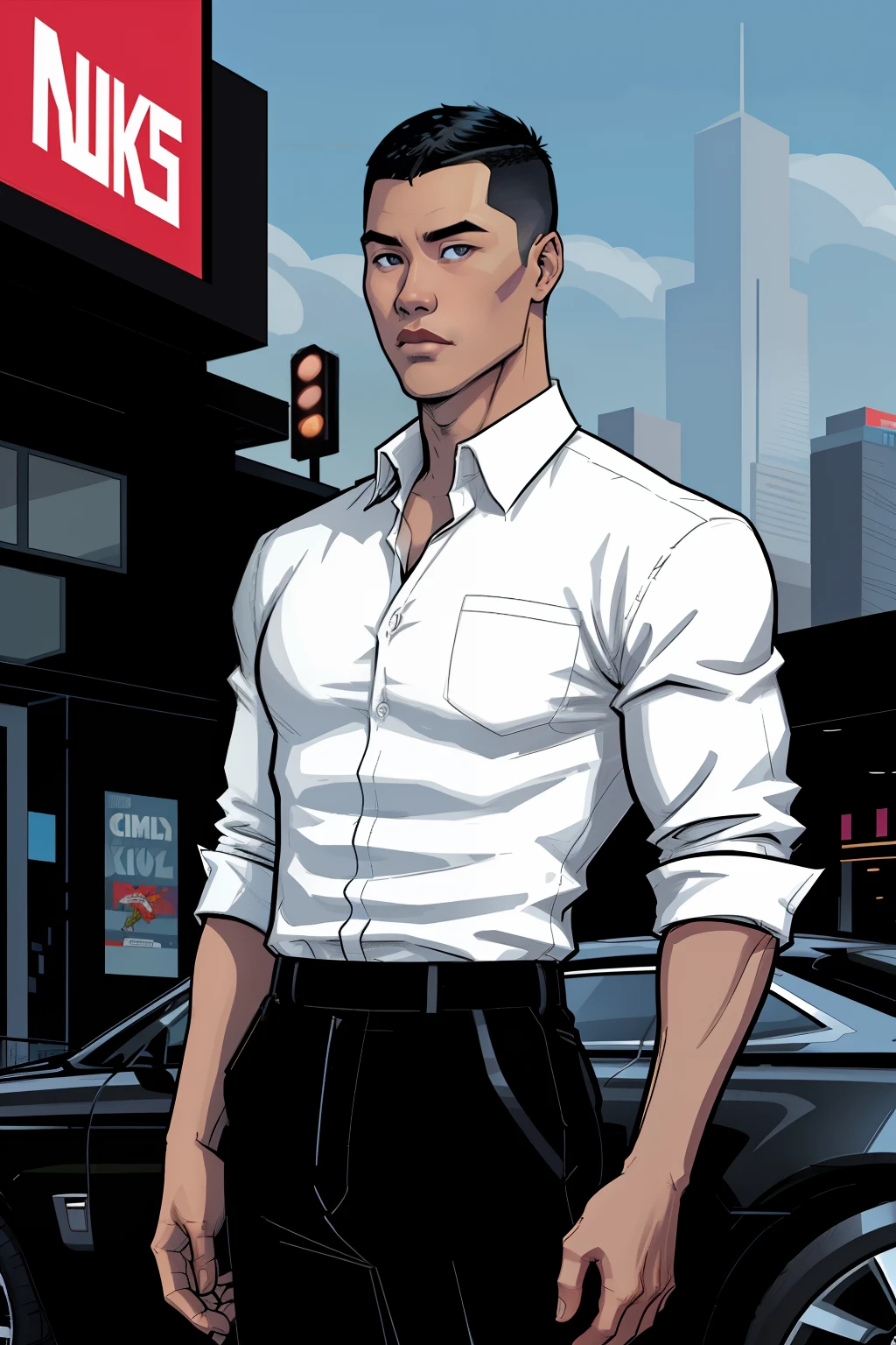 asian man, standing, outside, daytime, black Rolls-Royce, city on background, buzz cut hair, black pants, shirt, white shirt, comic book style, flat shaded, prominent comic book outline linework