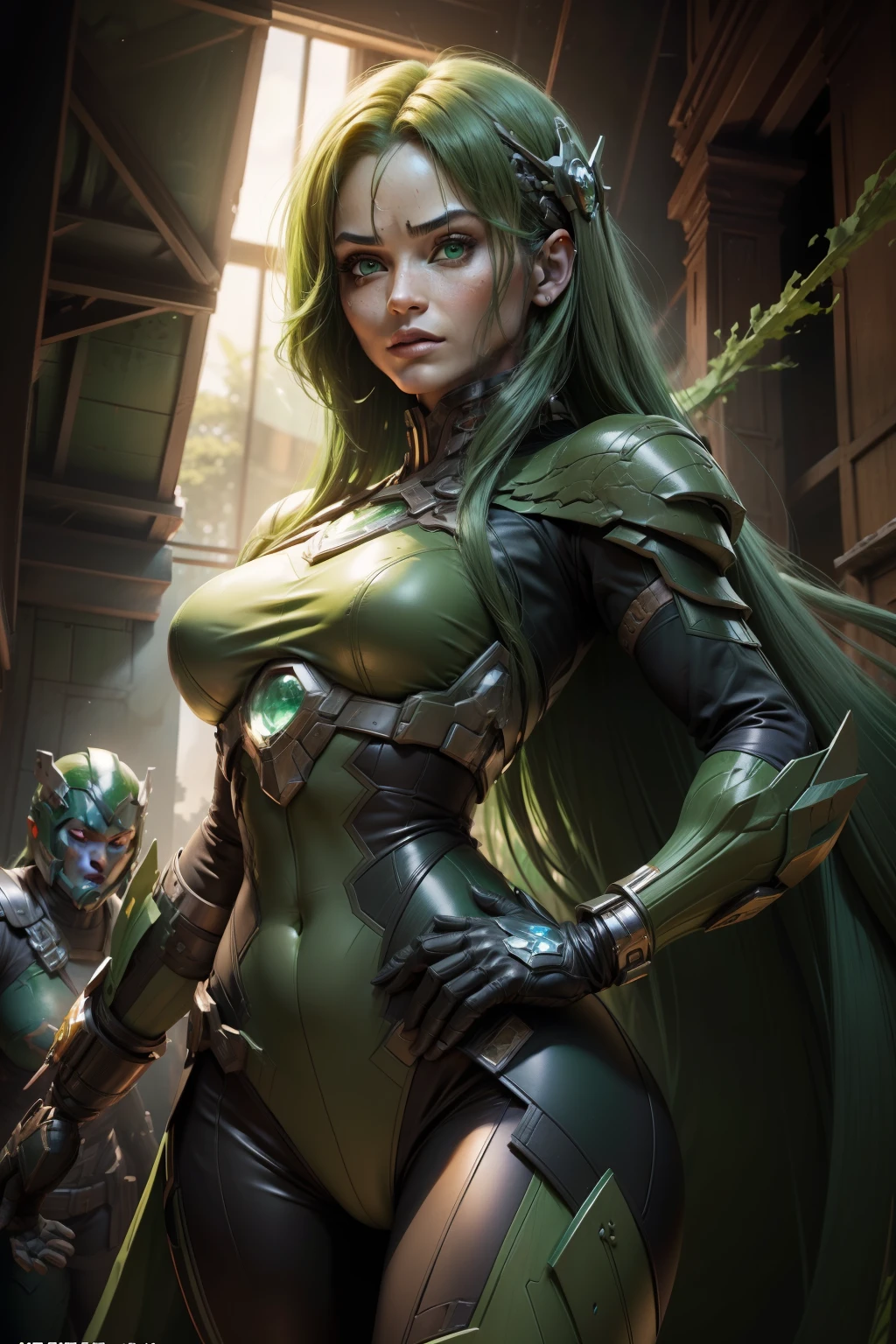 ((toda a pele verde)) Gamora is a lethal warrior in the Marvel Universe, conhecida por sua pele totalmente verde e habilidades de combate excepcionais. she murders while becoming an essential part of the Guardians of the Galaxy. Your determination, Astute and complex connections make her an intriguing and multifaceted figure.
(best quality: 1.0), (Ultra Highres: 1.0), rosto e olhos altamente detalhados, (fotorrealista: 1.2)