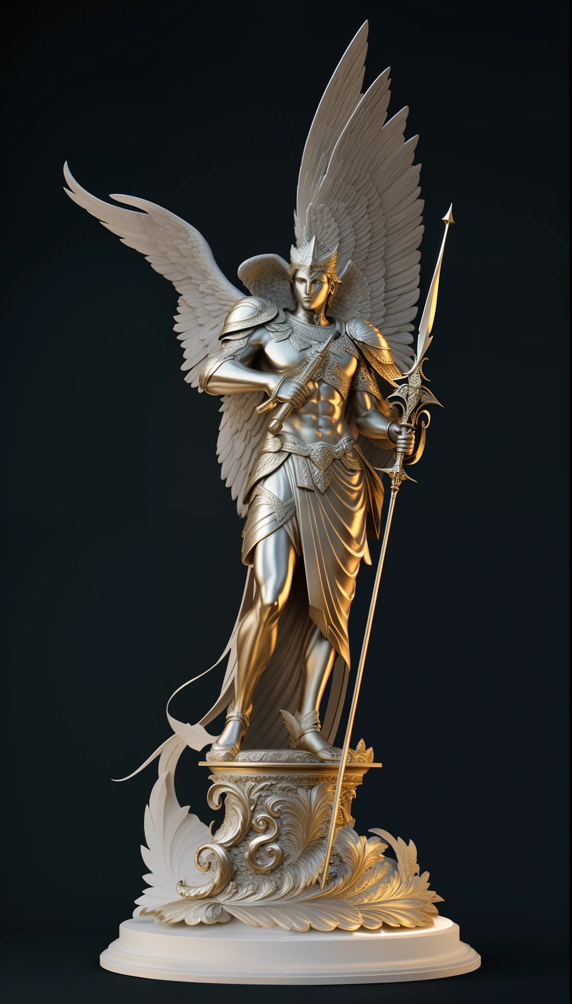 A statue of a man holding a winged sword and shield, Male look. Extremely high detail, 3D male god, highly detailed sculpture, Zbrush Central Contest Winner, unreal engine rendered + A male, Wings of Victory, zbrush 3 d render, zbrushcentral, zbrush render, zbrush contest winner, 3d statue!!!, rendered in zbrush, Tall male angel