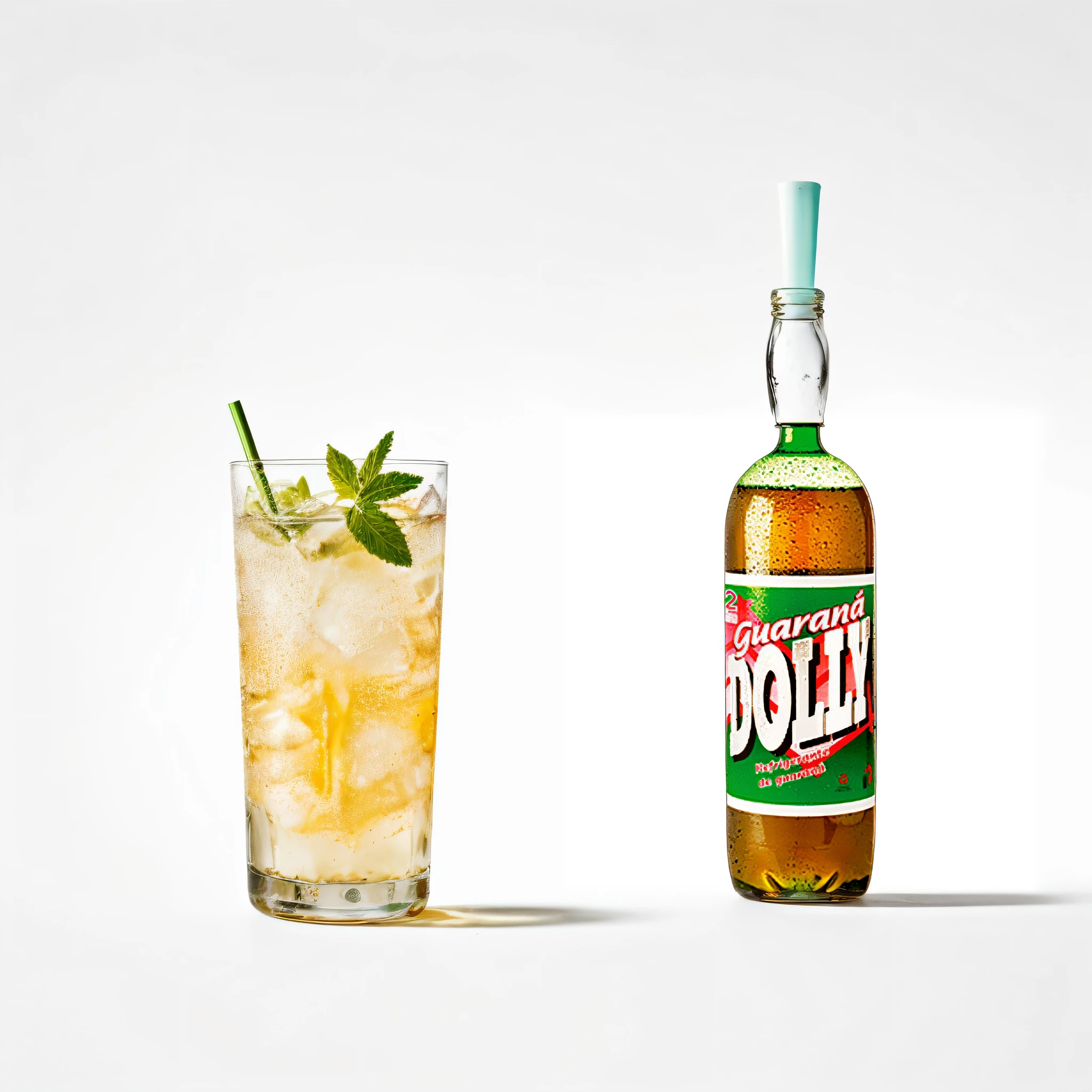 Enhance the existing image featuring the soda bottle with an immersive scene: Imagine a breathtaking beachscape with pristine shores. In the foreground, place a rustic wooden picnic table adorned with an inviting spread. On the table, add a crystal-clear glass, filled to the brim with the soda's rich guarana-infused liquid, reflecting the hue of the beverage. Ice cubes glisten enticingly in the glass. The scene is framed by the rhythmic waves gently lapping the shore, while intricately textured beach rocks pepper the sands. Nestled beside the glass, a plate of golden, crispy french fries tantalizes. The interplay of vivid colors, lifelike details, and the natural beauty of the beach setting creates a scene that invites viewers to imagine the sensory delight of sipping the soda and savoring the moment