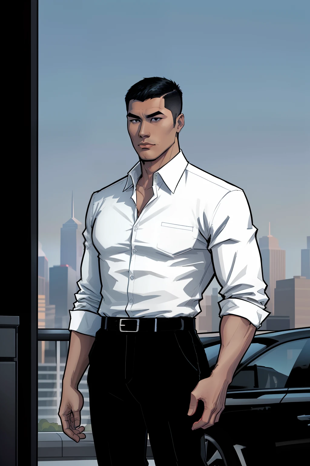 asian man, standing, outside, daytime, black Rolls-Royce, city on background, buzz cut hair, wearing a black office suit, black pants, shirt, white shirt, comic book style, flat shaded, prominent comic book outline linework