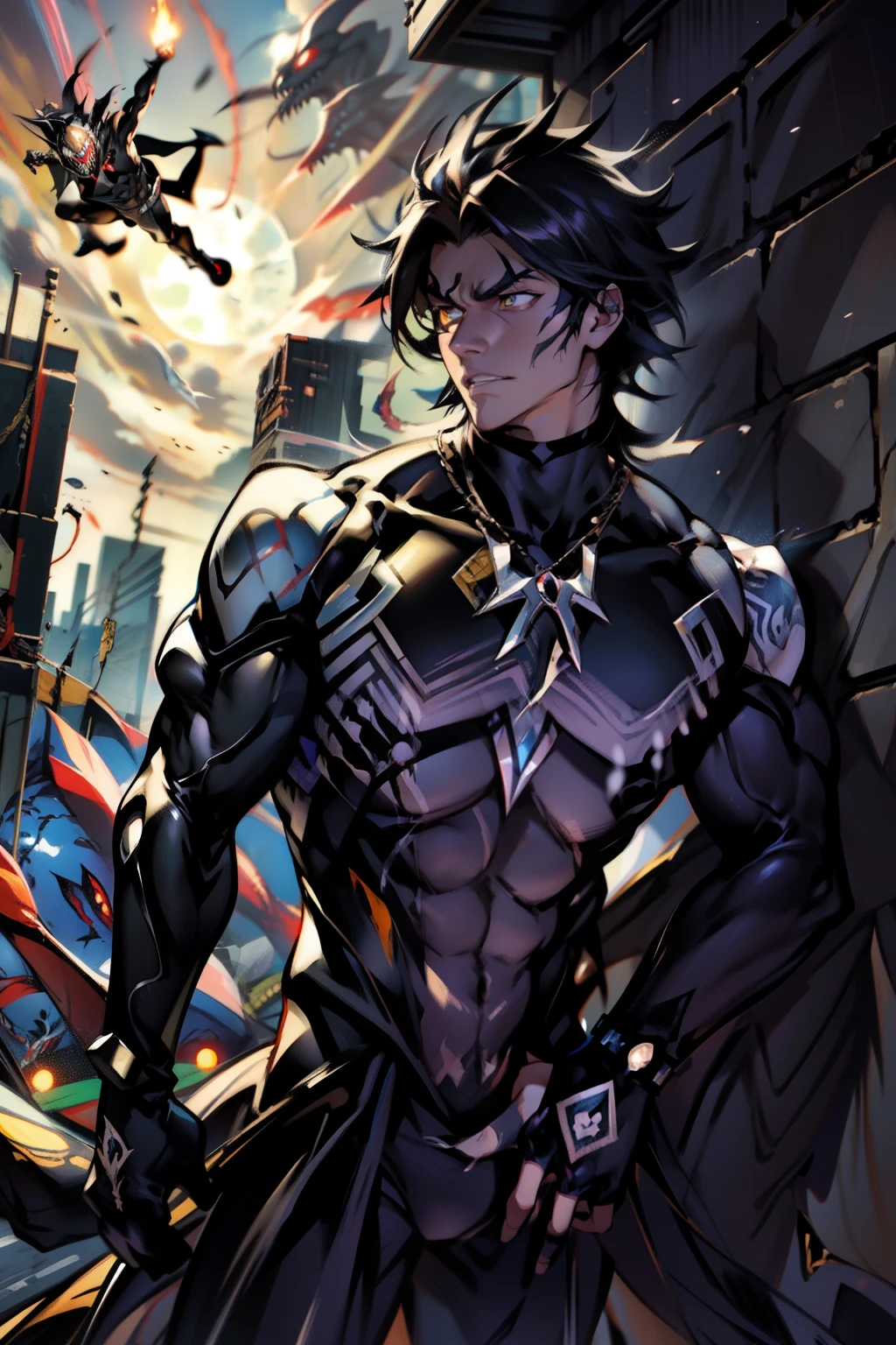 《the original god》Arataki Kazuto , male people， chest muscle， Sexy , Venom symbiote for your body, Black mucus of the body , into venom, venomize，Black bodysuit，（Cloak），Red cape，Abs，（Adult male）（（Venom possession，venom symbiote）），over-Tortoise Man，Battle damage，((Masterpiece)), ((Best quality)), Ultra detailed,((illustration)), Dynamic Angle, Detailed light, (Delicate eyes), Floating, 1boy, Male focus, Head, Clothing, Yellow eyes, necklace, tattoo, (Forehead:0.8), (ahoge:0.8), jewelry, brunette color hair,apathy，Ray， chest muscle， Sexy , Venom symbiote for your body, Black mucus of the body , （into venom）, Venom，frontage，Bust photo，White tight-fitting top，spiderman outfit，style of anime4 K， 4K anime wallpaper， Badass anime 8 K， 4 k comic wallpaper， young anime man， Anime boys， Anime wallpapers 4 k， Anime wallpaper 4K， High quality anime art style， Anime moe art style， Anime art wallpaper 8 K， Anime art wallpaper 4 K， RGB lighting，