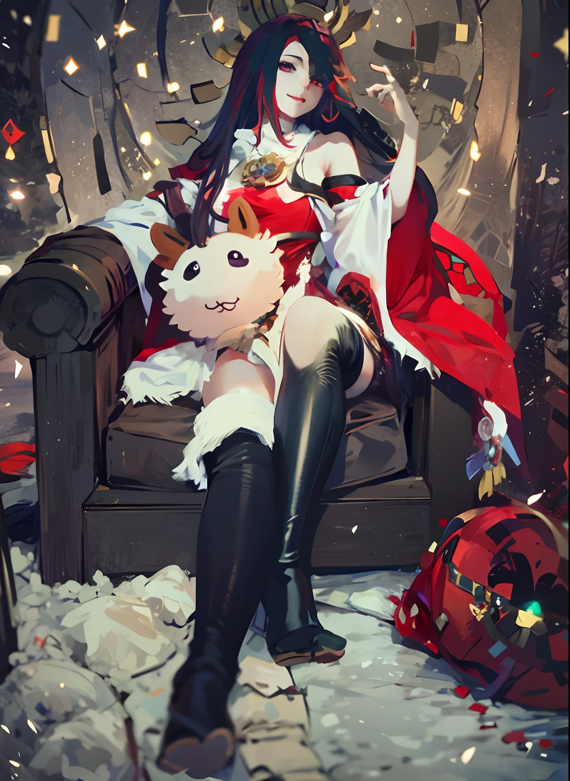 Alafei, dressed as Santa Claus, sits in a chair，Stuffed animal in hand, ahri from league of legend, Irelia from League of Legends, ahri, Irelia, annie from league of legends, Charming Tifa Lockheart, glamourous cosplay, from league of legends, alluring tipha lockhart portrait, from overwatch, tifa lockheart