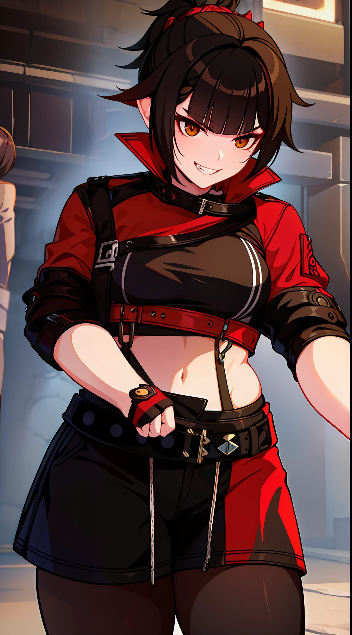 Adult woman, Orc Fangs, short brown hair, Punk hairstyle, Brown eyes, ciberpunk, The Monk of Street Fighting, brawn, smirk, Masterpiece, hiquality