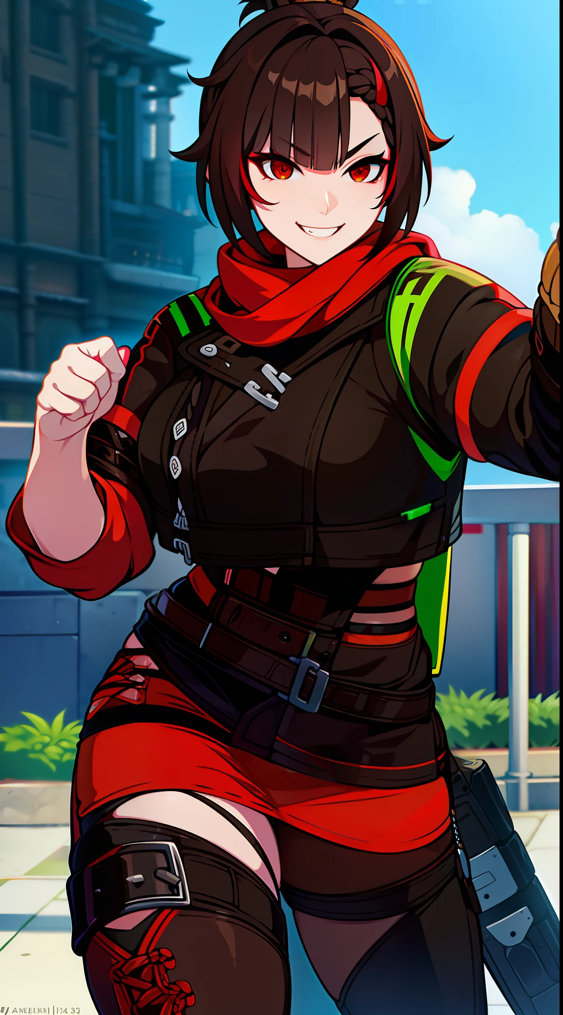Adult woman, Orc Fangs, short brown hair, Punk hairstyle, Brown eyes, ciberpunk, The Monk of Street Fighting, brawn, smirk, Masterpiece, hiquality