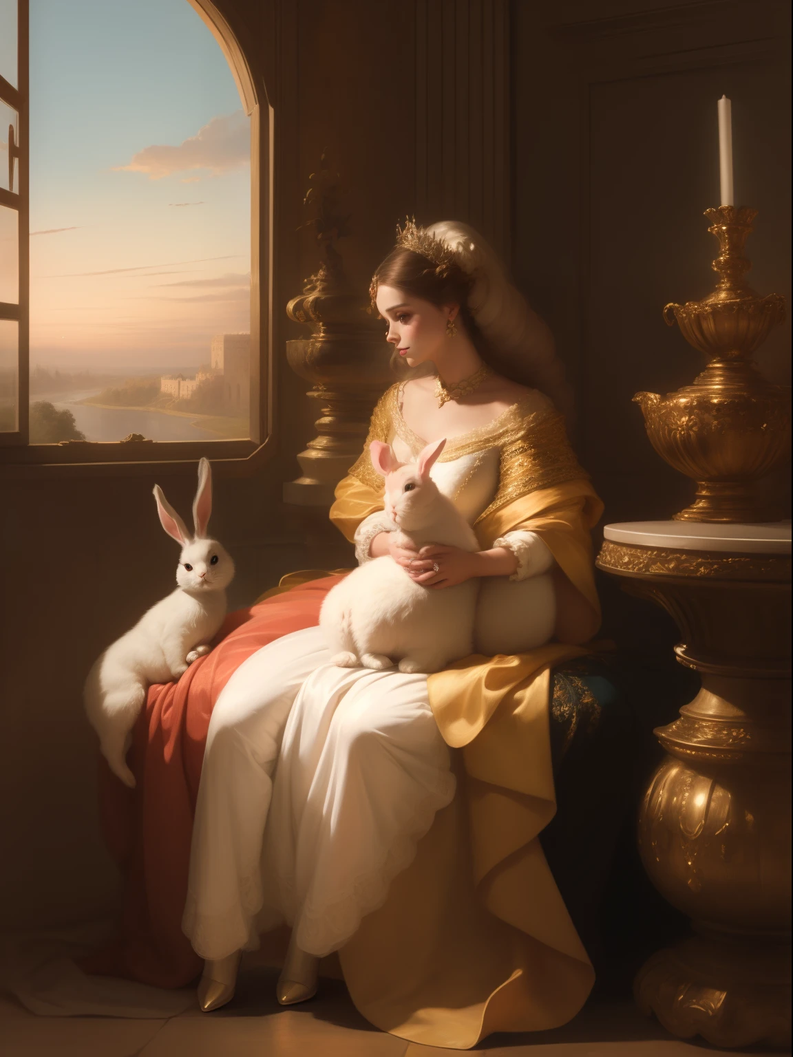 a Princess beautiful in a magnificent gown, holding a bunny, (((beautiful and aesthetic))) , sitting near a window, in a castle, during sunset, smoke, cinematic lighting, suspense