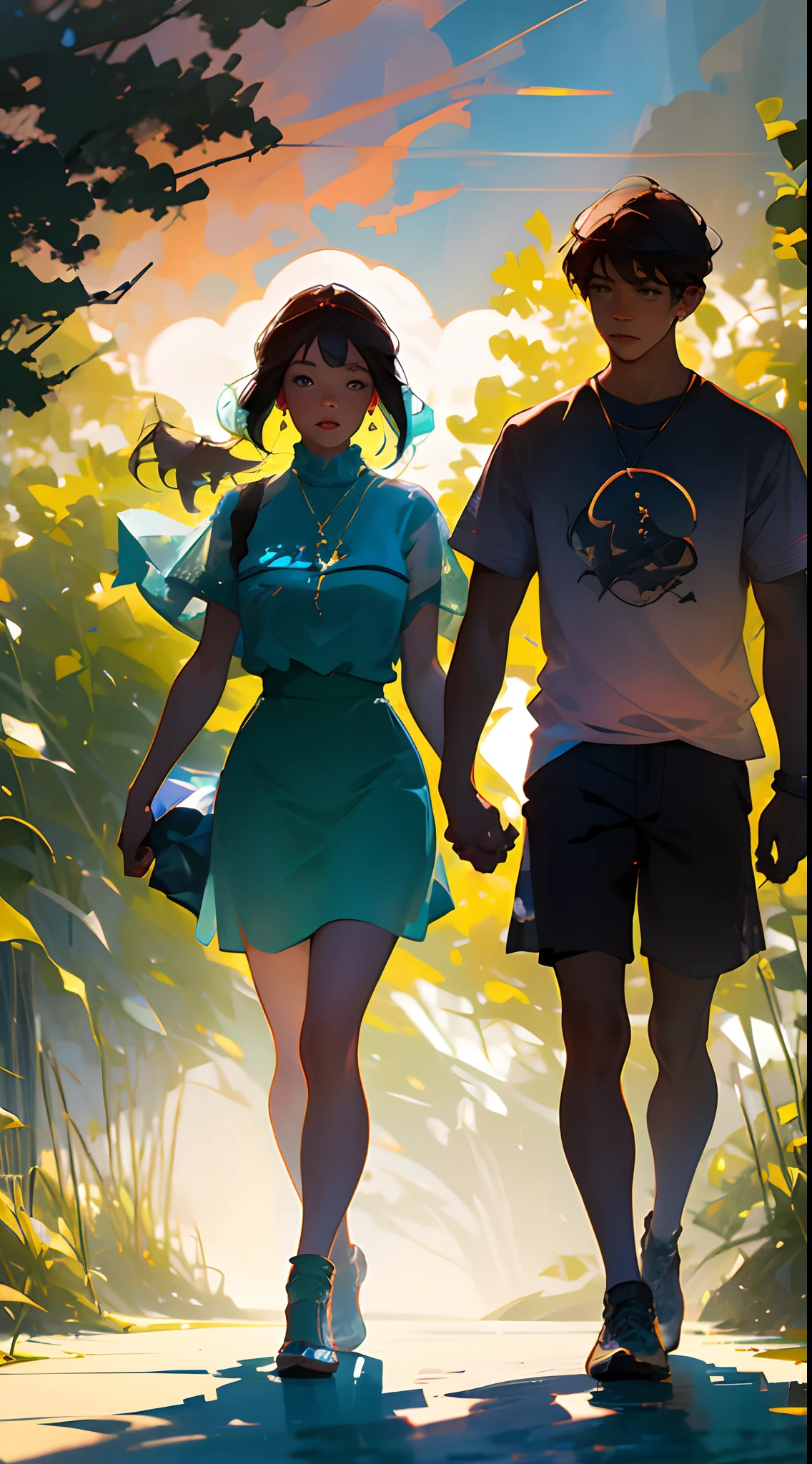 eventide,A girl in JK and a boy in white short sleeves hold hands