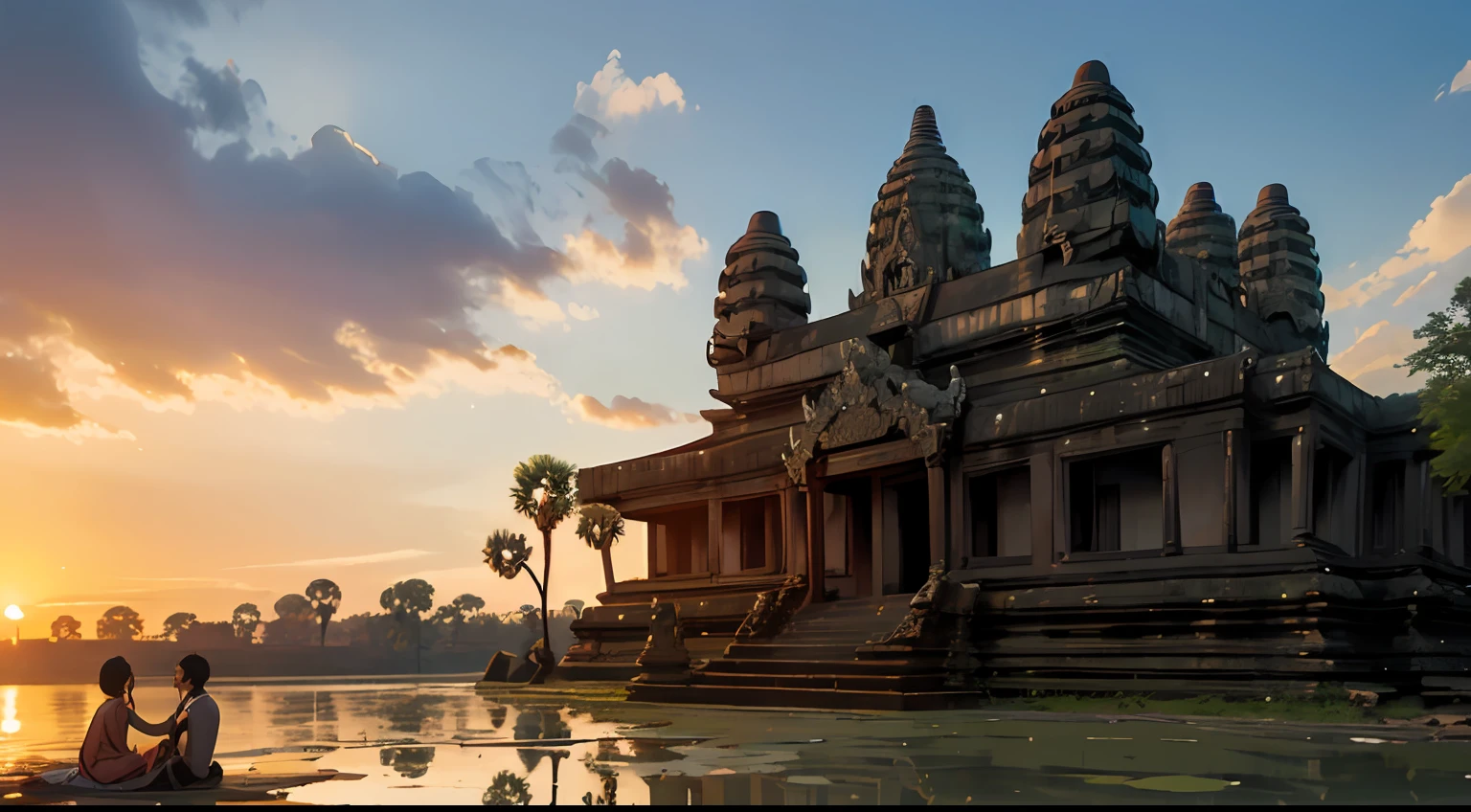 Boy and Girl apsara in Angkor temple and have lake and in lake have a lot lotus in sunset on winter