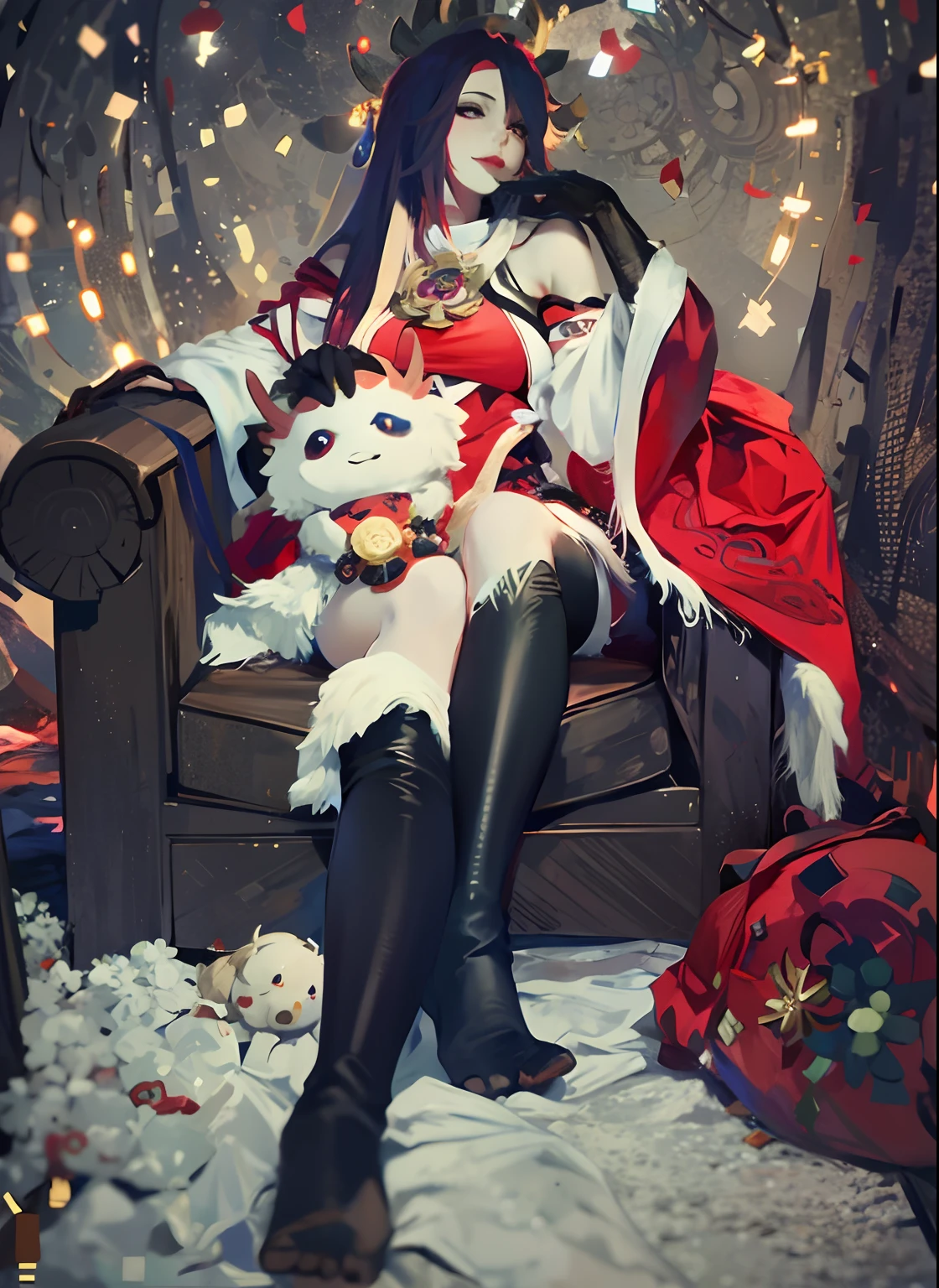 Alafei, dressed as Santa Claus, sits in a chair,Stuffed animal in hand, ahri from league of legend, Irelia from League of Legends, ahri, Irelia, annie from league of legends, Charming Tifa Lockheart, glamourous cosplay, from league of legends, alluring tipha lockhart portrait, from overwatch, tifa lockheart