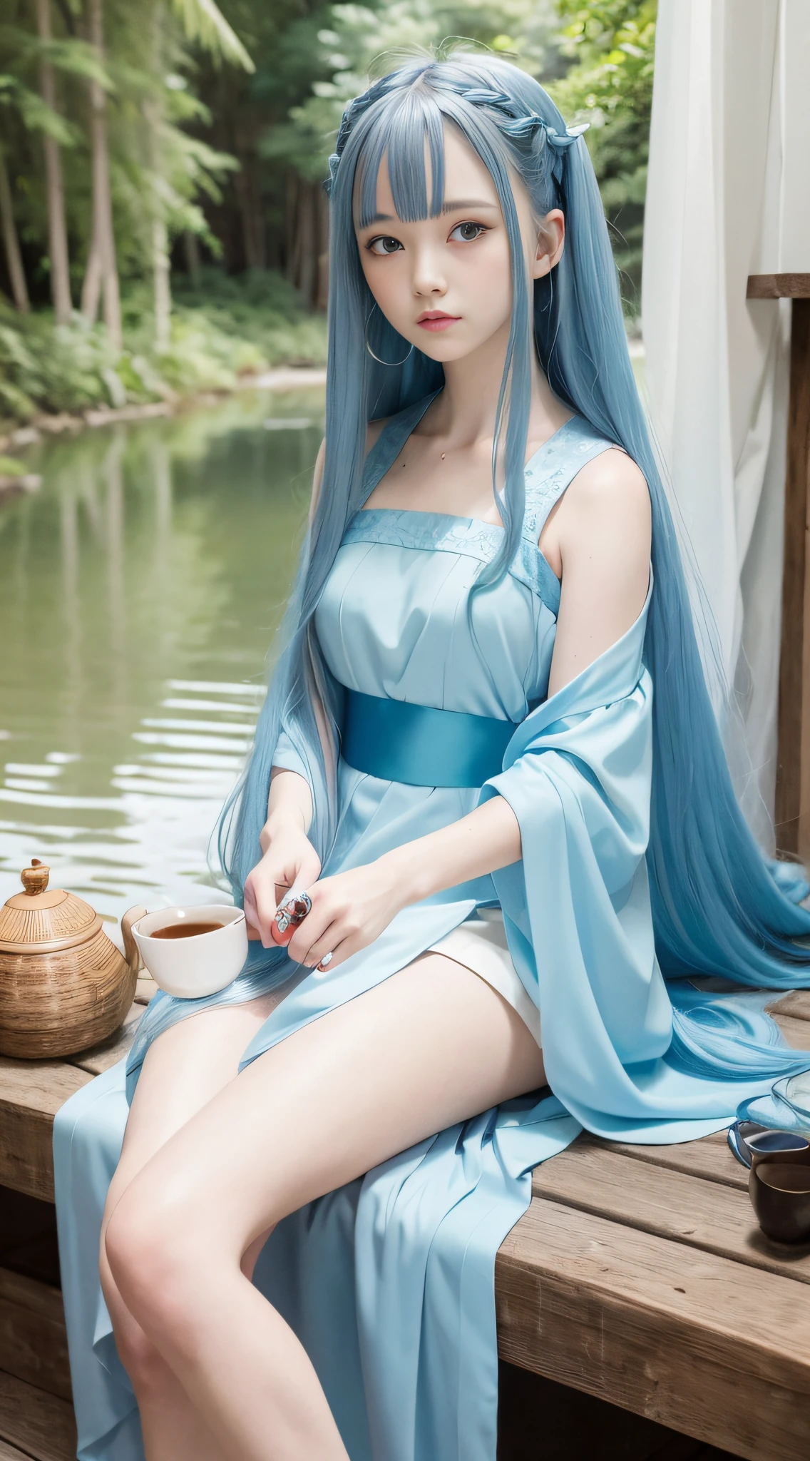 Masterpiece, Best Quality, Official Art, 8k Wallpaper, Very Detailed, Illustration, 1 Girl, Sky Blue Hair, Long Hair, Detailed Eyes, Forrest Gump, Bare Shoulders, Hanfu, Lake, Pure, Soft Smile, bamboo, tea