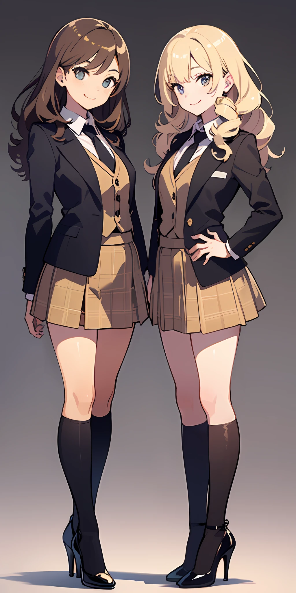 perfect anime illustration, 2girls, twin sisters, identical sisters, brown hair, blonde hair, (1 blonde girl, 1 brown haired girl, different hair colors), curly hair, matching hairstyle, hazel eyes, smiling, ((matching skirt suits, black high heels)), matching hairstyles, white background, highres, full body, pose