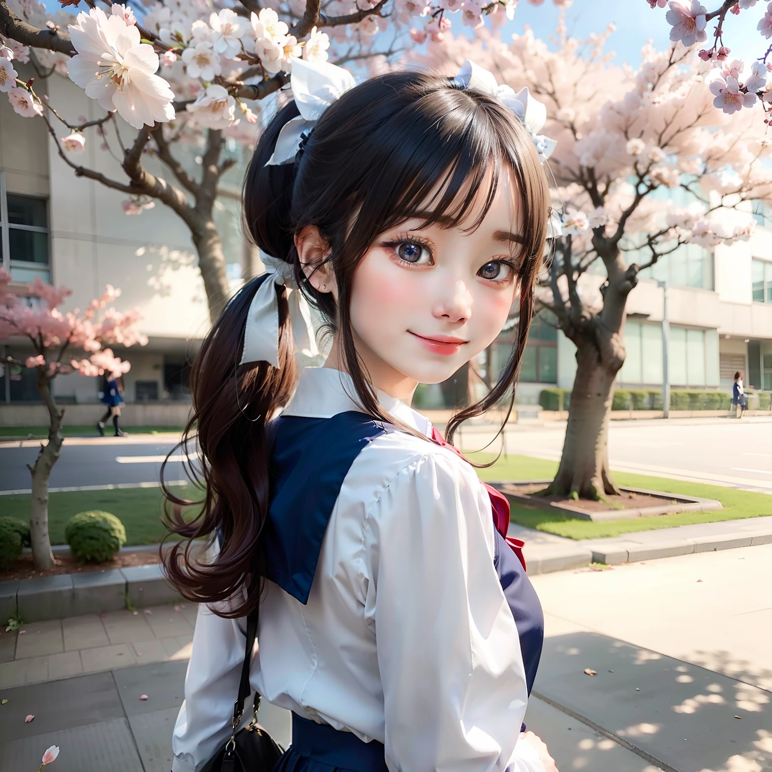 Under the cherry blossom tree, a tall ponytailed girl in a blue and white school uniform looked back at me with a smile
