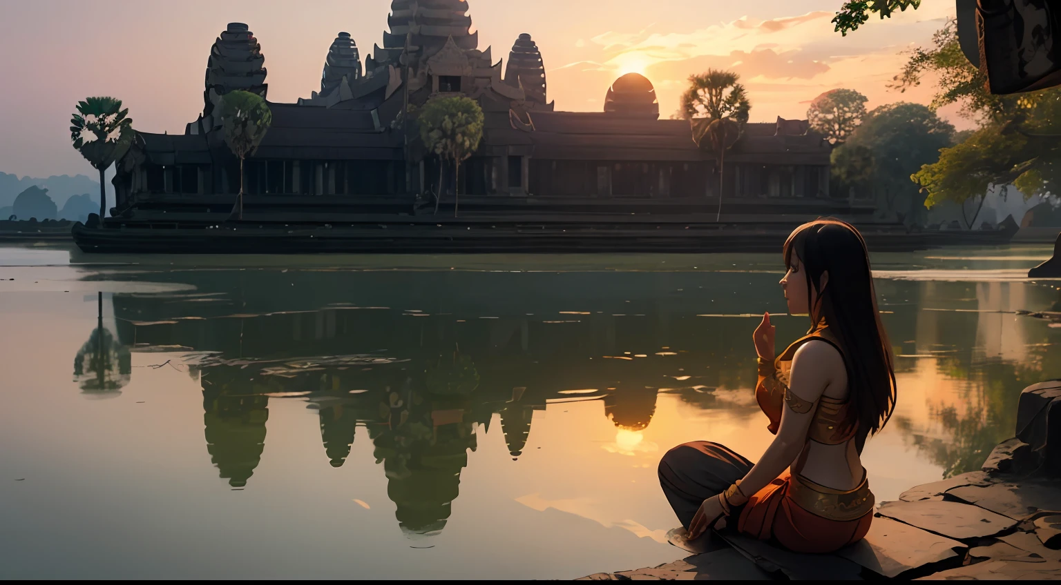 Boy and Girl apsara in Angkor temple and have lake and in lake have a lot lotus in sunset on winter