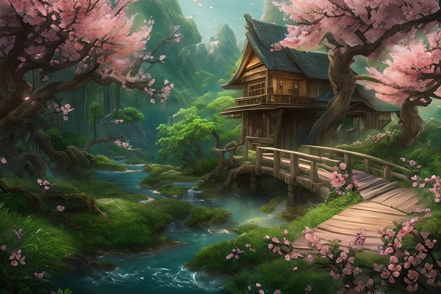 awardwinning, concept-art, fine art, epic fantasy digital art, bird's eyes view，Cinematic lighting,Downward view，super wide shot，Viewing angle from afar，depth of fields，The beauty of an idyllic country fairy tale，waterfallr，Quaint, Picturesque, Rustic, Lush big breasts, ((lawns;1.5)), ((Peach blossom tree:1.5)), Small rivers, ((Many tree houses)), ((The tree house is connected to the tree house by a wooden bridge)), ((Ivy is intricate)), Epic, ((Cinematic lighting)), High quality, High contrast, Realistic lighting,4K textures, photolab, hdr, ((iintricate)), elegant, Highly detailed, Sharp focus, insanely details, Intricate details, ultra - detailed, Harsh movie light, Outdoor atmosphere,tmasterpiece，best qualtiy，（Very detailed CG unity 8K wallpaper），（best qualtiy），（Most Best Illustration），（Best shadow），glowing sprites，Natural elements in idyllic rural theme。Mysterious idyllic countryside，Beautiful idyllic countryside，naturey，surrounded by flower，Delicate leaves and branches are surrounded by fireflies（nature elements），（Idyllic village theme），（Foliage），（tree branch），（Particle effect）wait。3D ，  Ray traching，