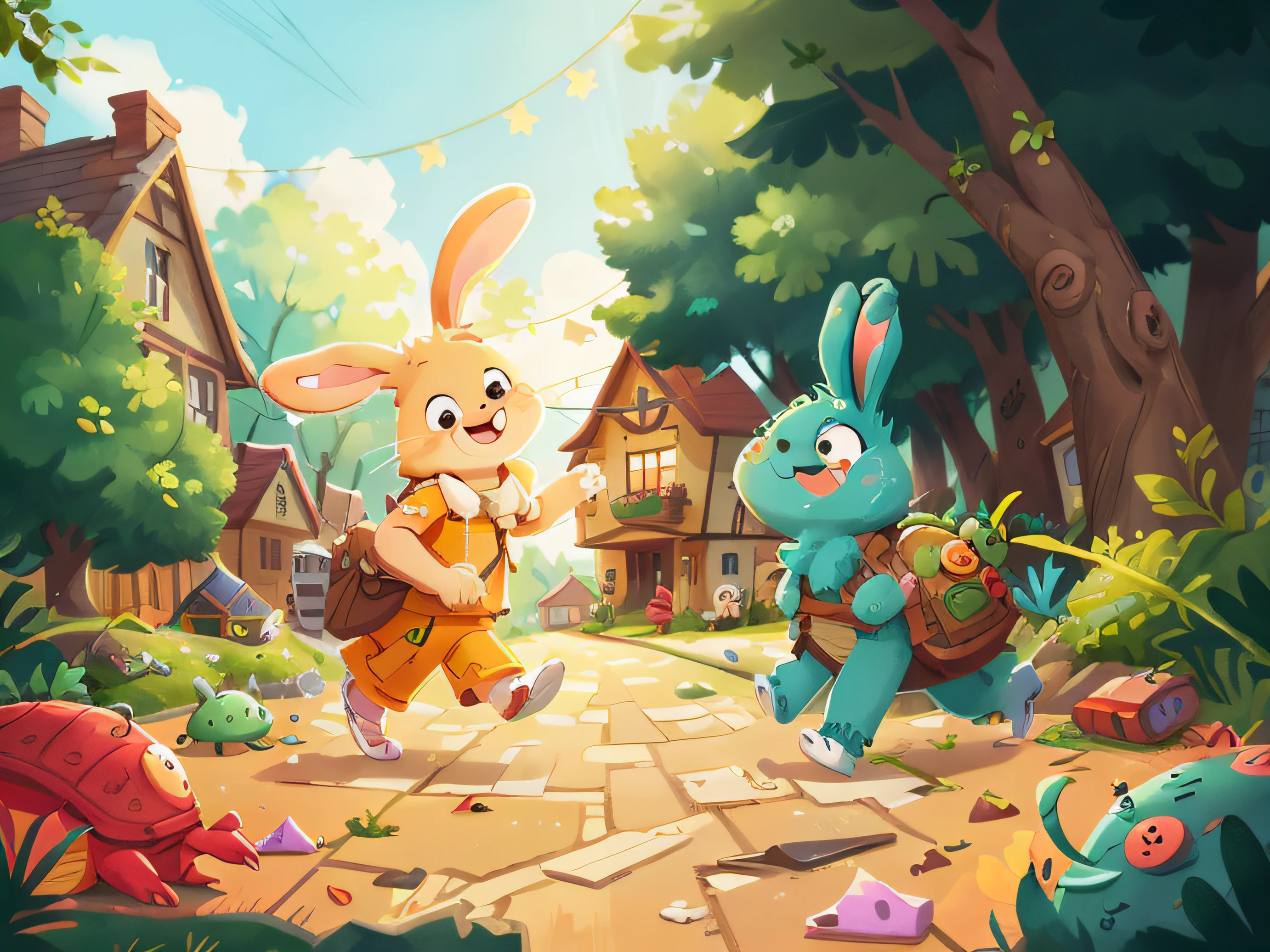 smiling rabbit, running turtle, many houses in the street,feet on the ground，Perfect quality，Clear focus（Clutter - home：0.8）， （tmasterpiece：1.2） （realisticlying：1.2） （bokeh） （best qualtiy） （detailedskin：1.3） （complexdetails） （8K） （detailedeyes） （Sharp focus）,（having fun）