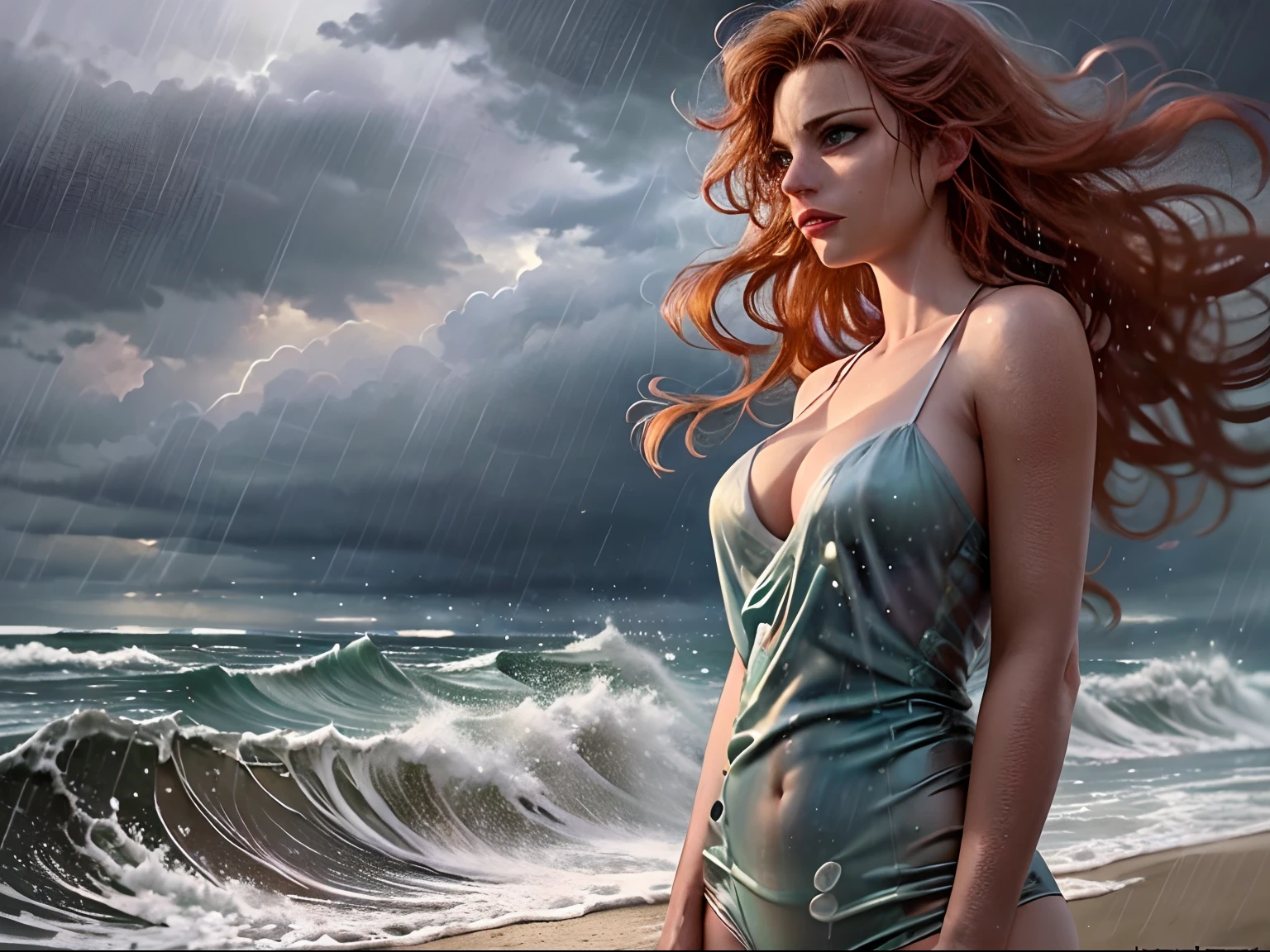 arafed high details, best quality, 8k, [ultra detailed], masterpiece, best quality, (extremely detailed), dynamic angle, ultra wide shot, photorealistic, a picture of a very beautiful woman standing at the beach watching the stormy sea with  waves (intense details, Masterpiece, best quality: 1.5) , during a rain storm (intense details, Masterpiece, best quality: 1.5), a very beautiful woman (intense details, Masterpiece, best quality: 1.6), red headed woman (intense details, Masterpiece, best quality: 1.5), wearing red bathing suit (intense details, Masterpiece, best quality: 1.5), ultra detailed face (intense details, Masterpiece, best quality: 1.6), dynamic eyes, long hair, wavy hair, standing at the beach  during a rain storm (intense details, Masterpiece, best quality: 1.5), rain clouds, rain (intense details, Masterpiece, best quality: 1.5), stormy sea background,
