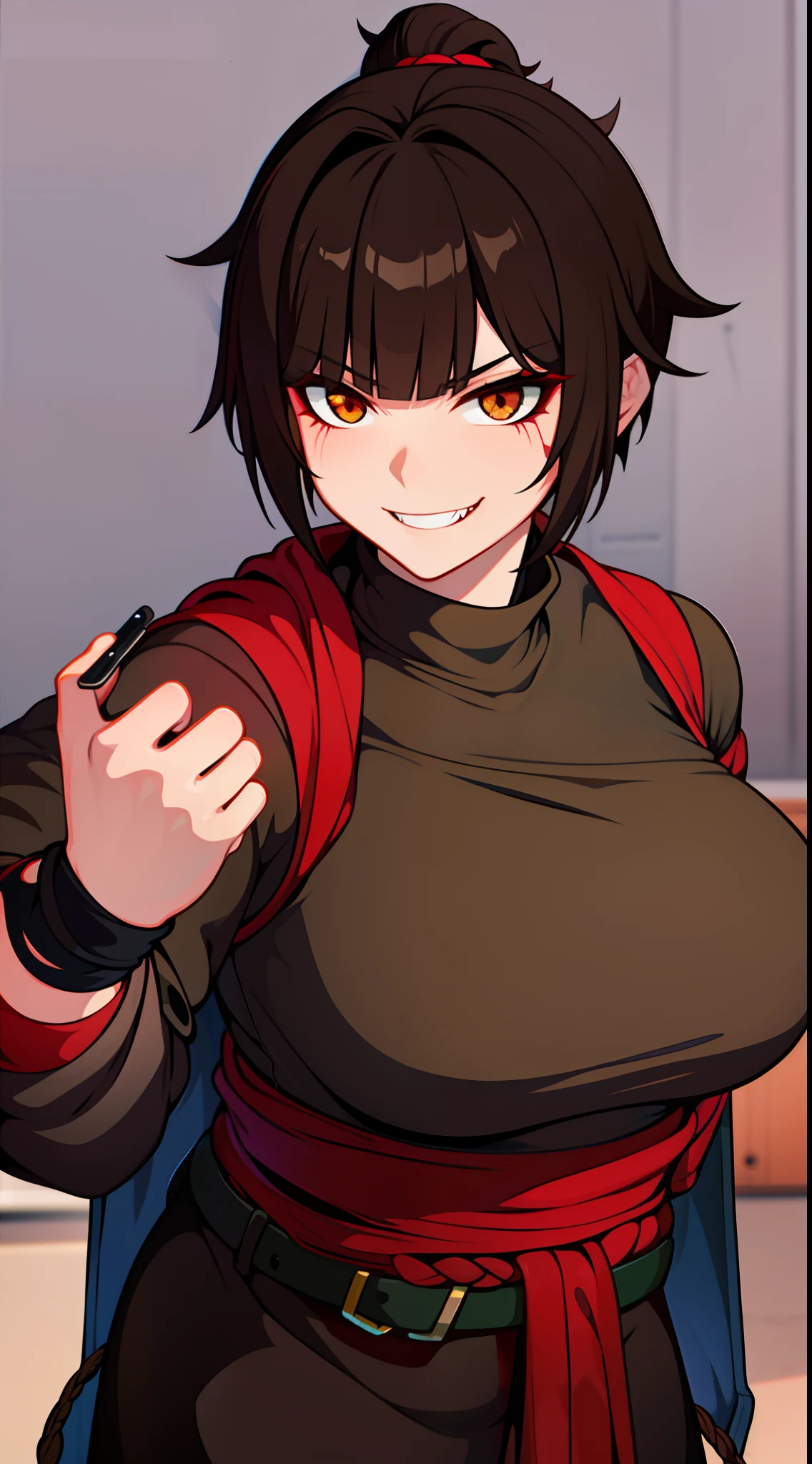Adult woman, Orc Fangs, short brown hair, Punk hairstyle, Brown eyes, ciberpunk, The Monk of Street Fighting, brawn, smirk, Masterpiece, hiquality