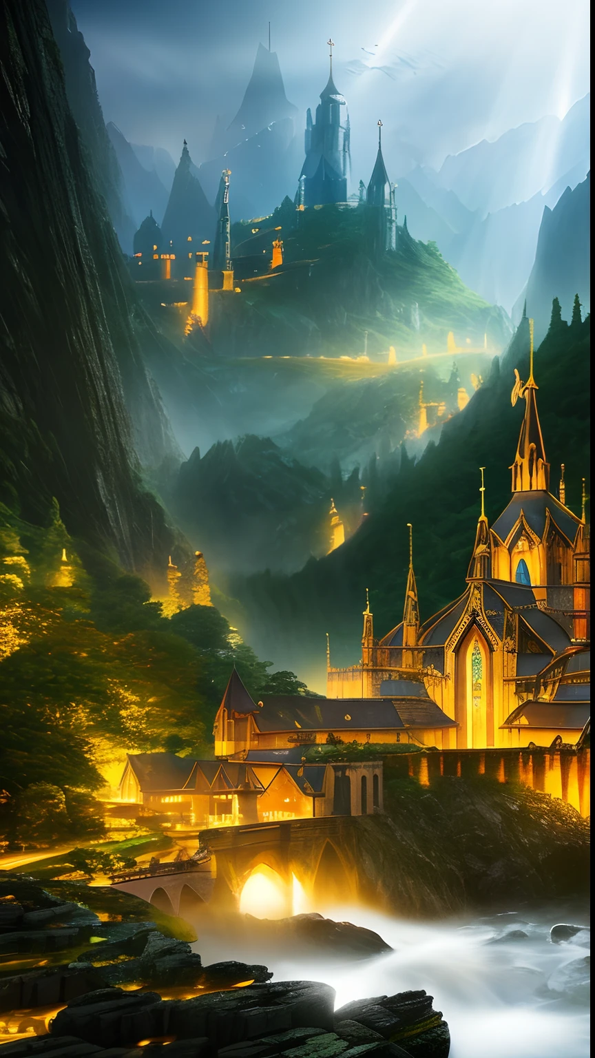 Divine Light, Sharp Focus, Elf, Elf Building, Elven City, Royal City, Stunning Landscape, Landscape, Landscape, Rain, Dark Fantasy, Suspense