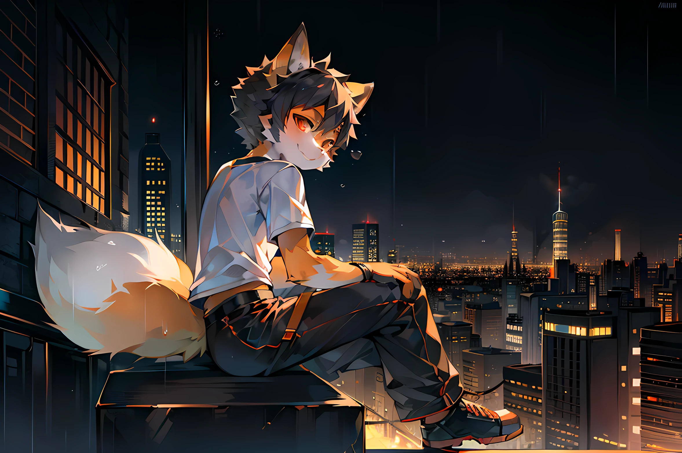 shota, 1boy, futuristic clothes, smile, furry, kemono, black hair, ager, short hair, orange eyes, fox ears, fox tails, white t-shirt, sits on iron fence on top of a building, city view, city background, raining