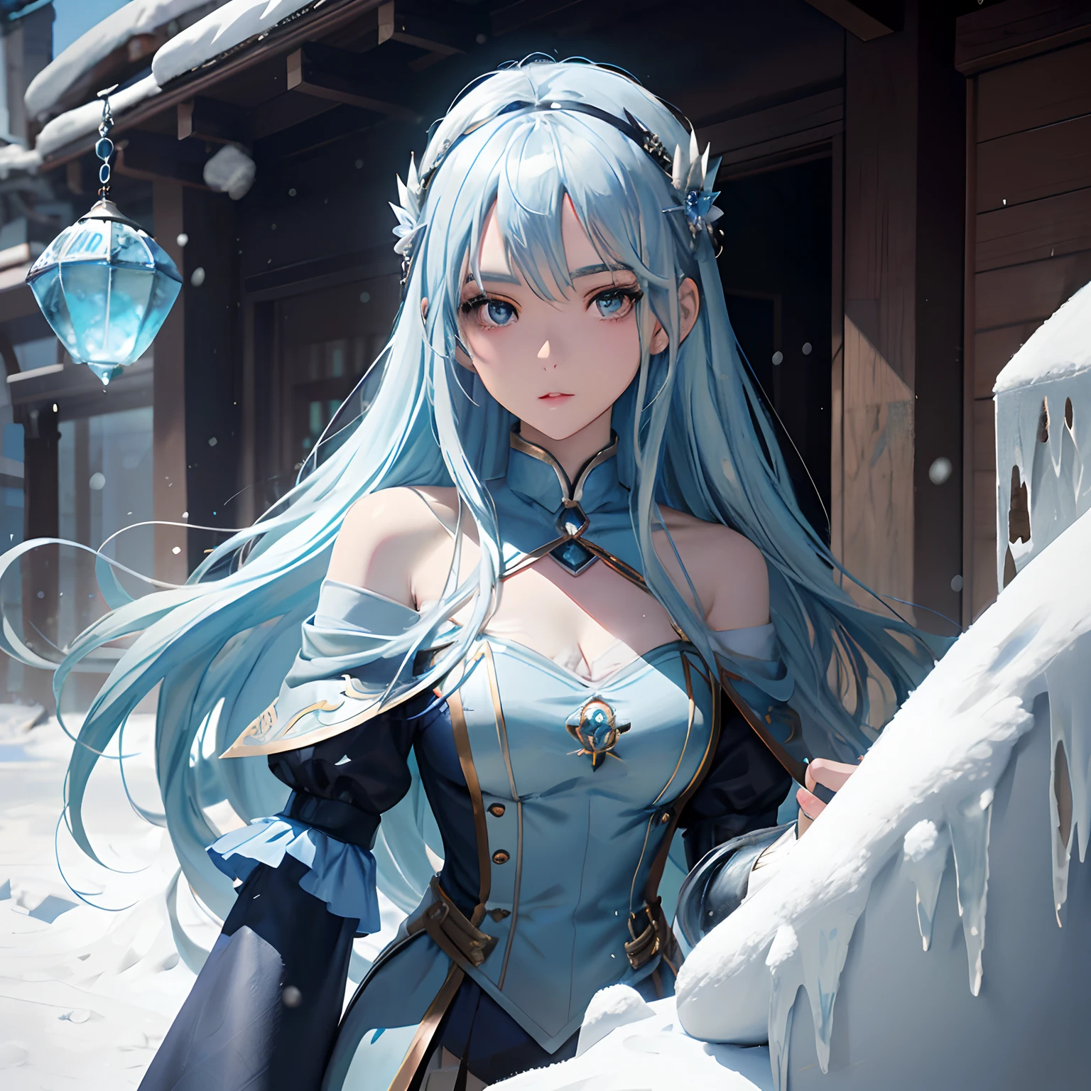 Anime - Style woman with blue hair and blue dress posing in the snow, 2. 5 D CGI anime fantasy artwork, Guviz-style artwork, advanced digital anime art, Guweiz on ArtStation Pixiv, Detailed digital anime art, Digital anime art, trending on artstation pixiv, Fanart Meilleure ArtStation, Guweiz in Pixiv ArtStation
