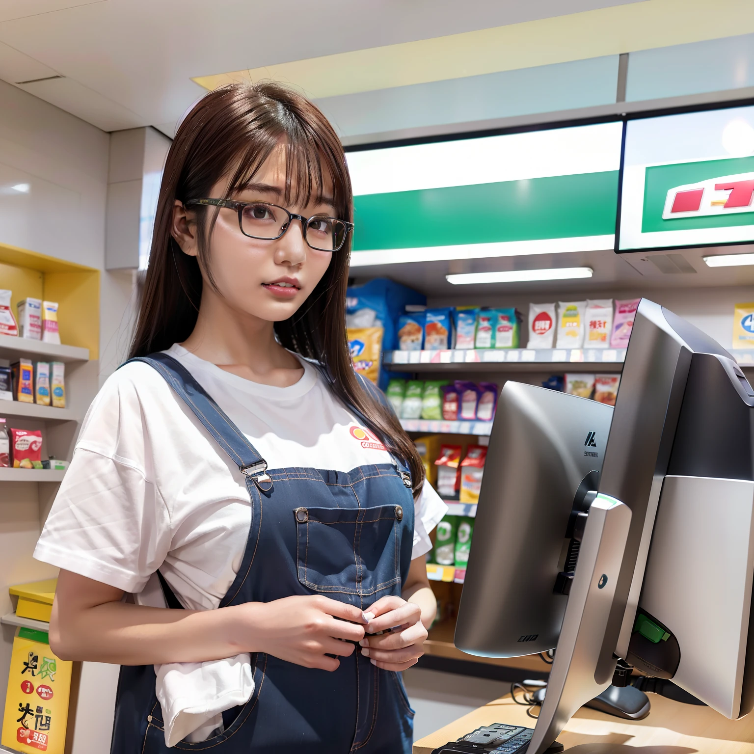 A female clerk at a 7-Eleven convenience store in China,Wear glasses and long hair,Wearing overalls,There are words on the clothes on the chest "7" on the white background。