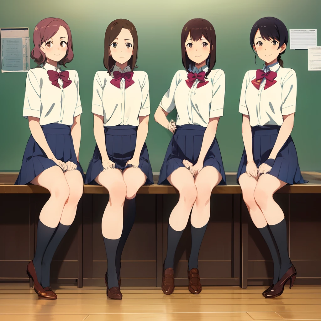 shinkai makoto, kimi no na wa., tenki no ko, kotonoha no niwa, 3girls, identical triplets, brown, curly hair, hazel eyes, pale skin, looking at viewer, school uniform, high heels, sitting, cowboy shot, blush, smile, blue skirt, indoors